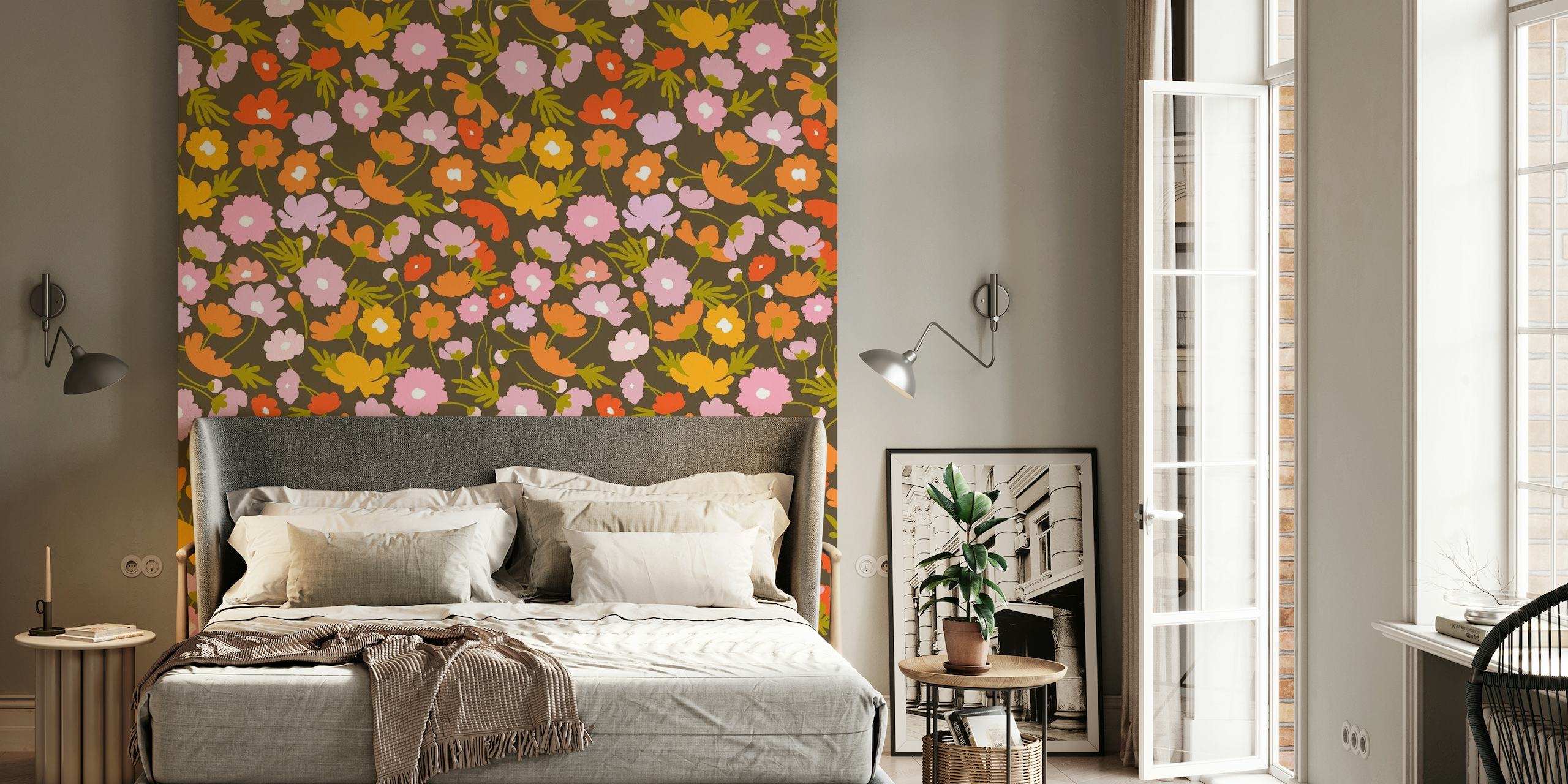 Leilani floral wall mural with daisy-like flowers and rich foliage