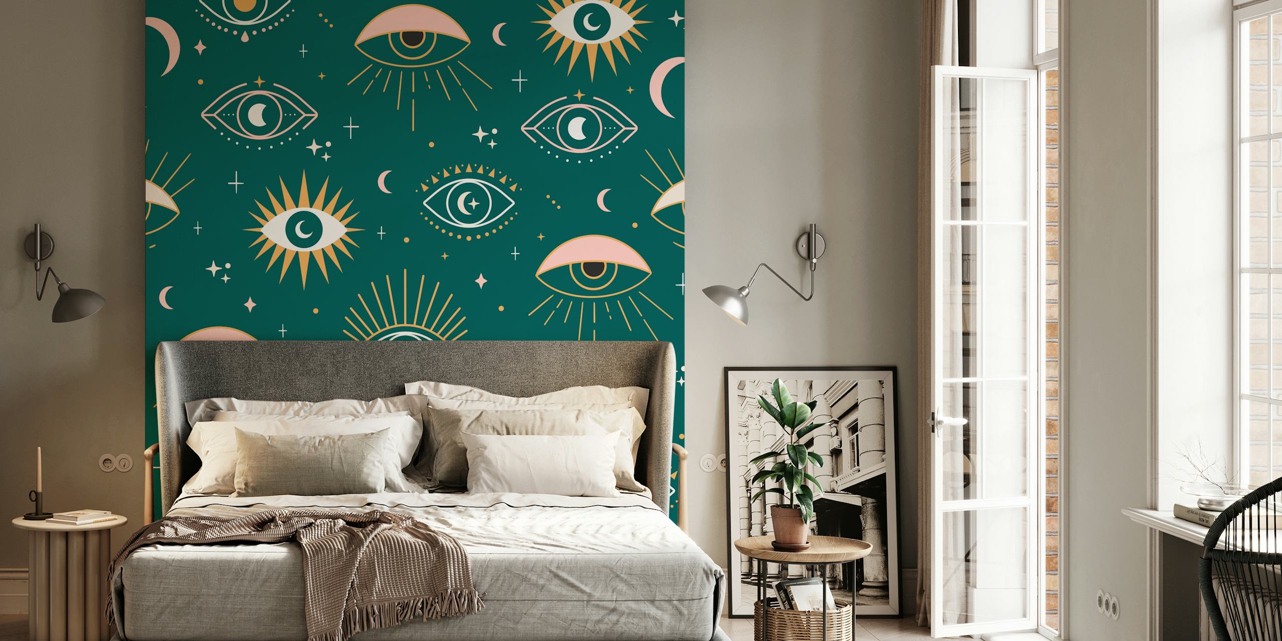Geometrisch wandbehang met ogen, sterren en maansymbolen in groen, roze en goud.
