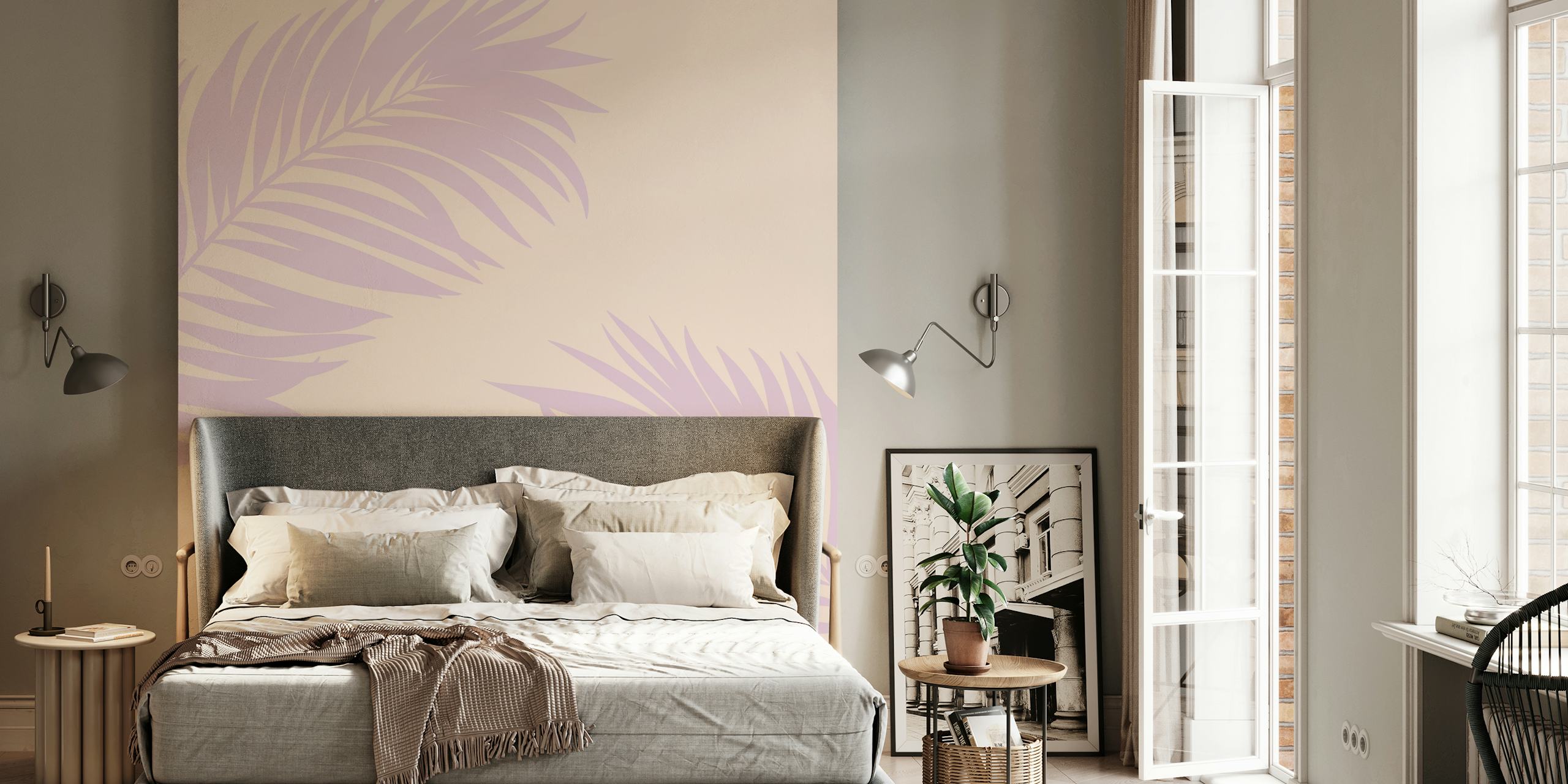Tapeta Lilac and beige palm art v pokoji