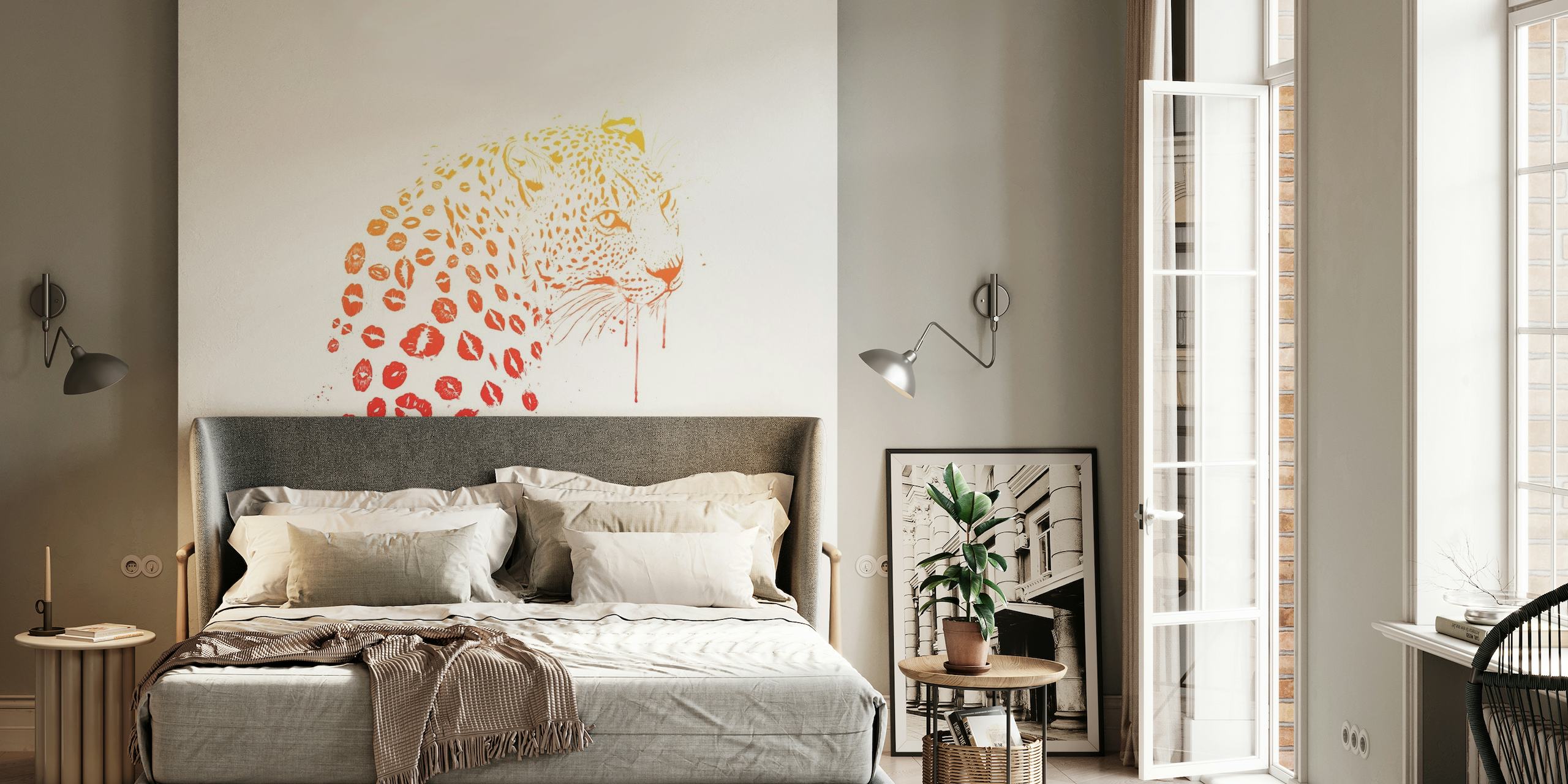 Leopard wall mural with red kiss marks