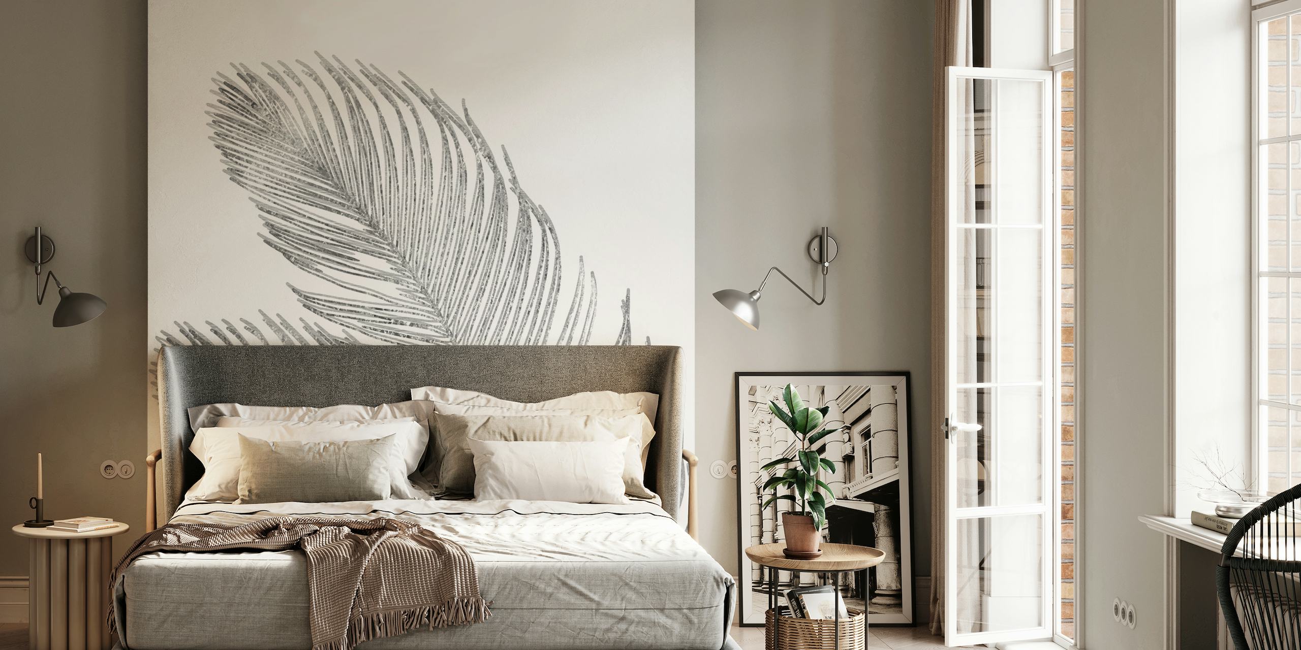 Monochrome line art of palm leaves for wall mural