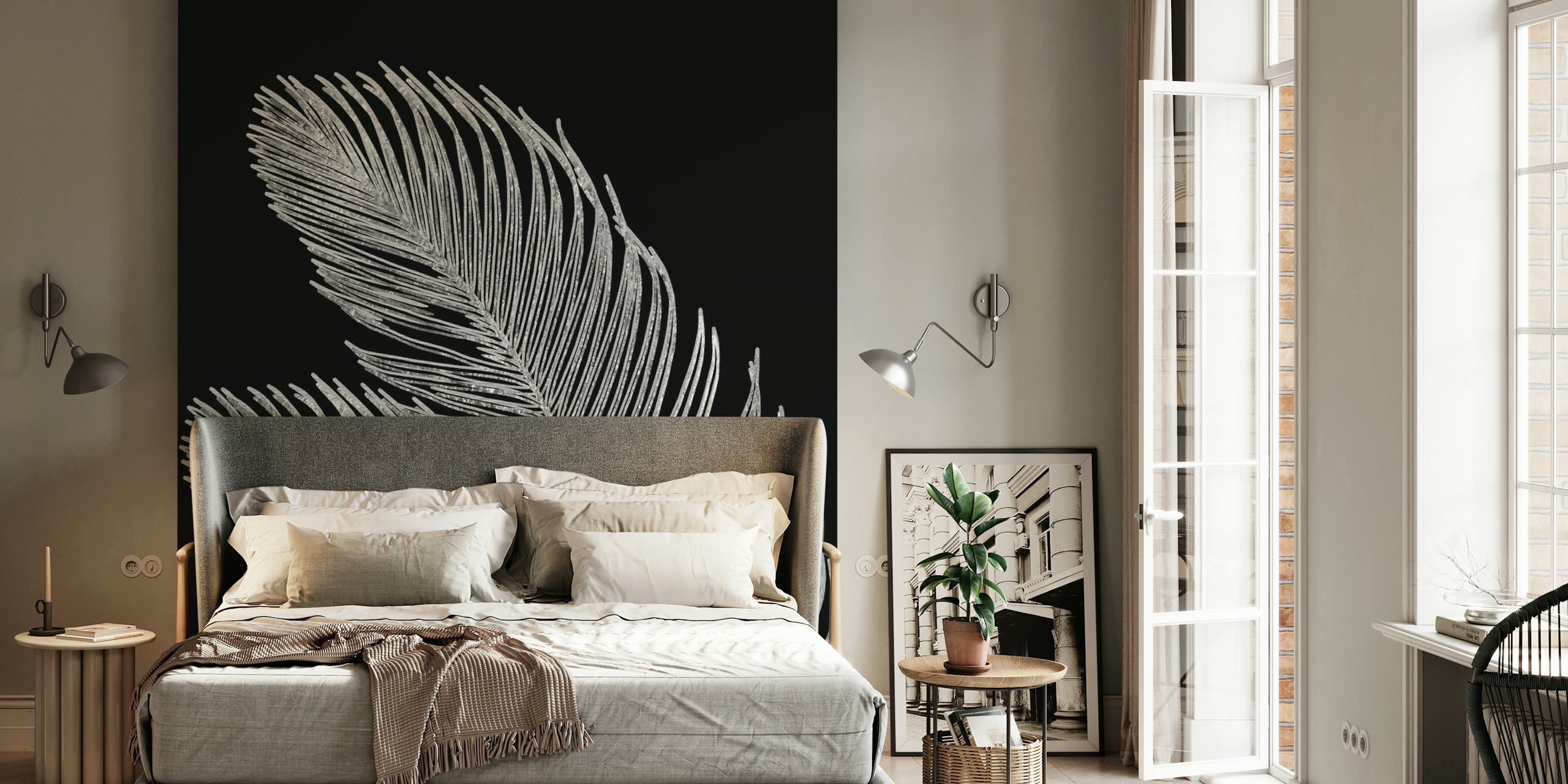 Palm leaf line art wall mural against black background