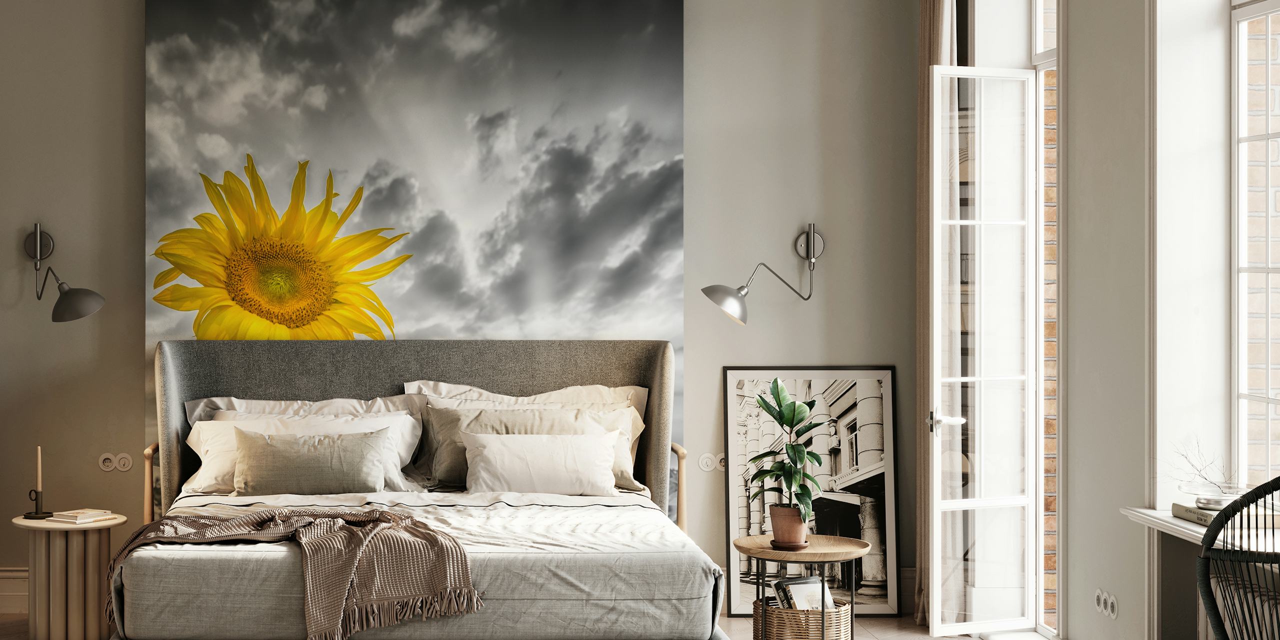 Yellow sunflowers on a black and white background wallpaper
