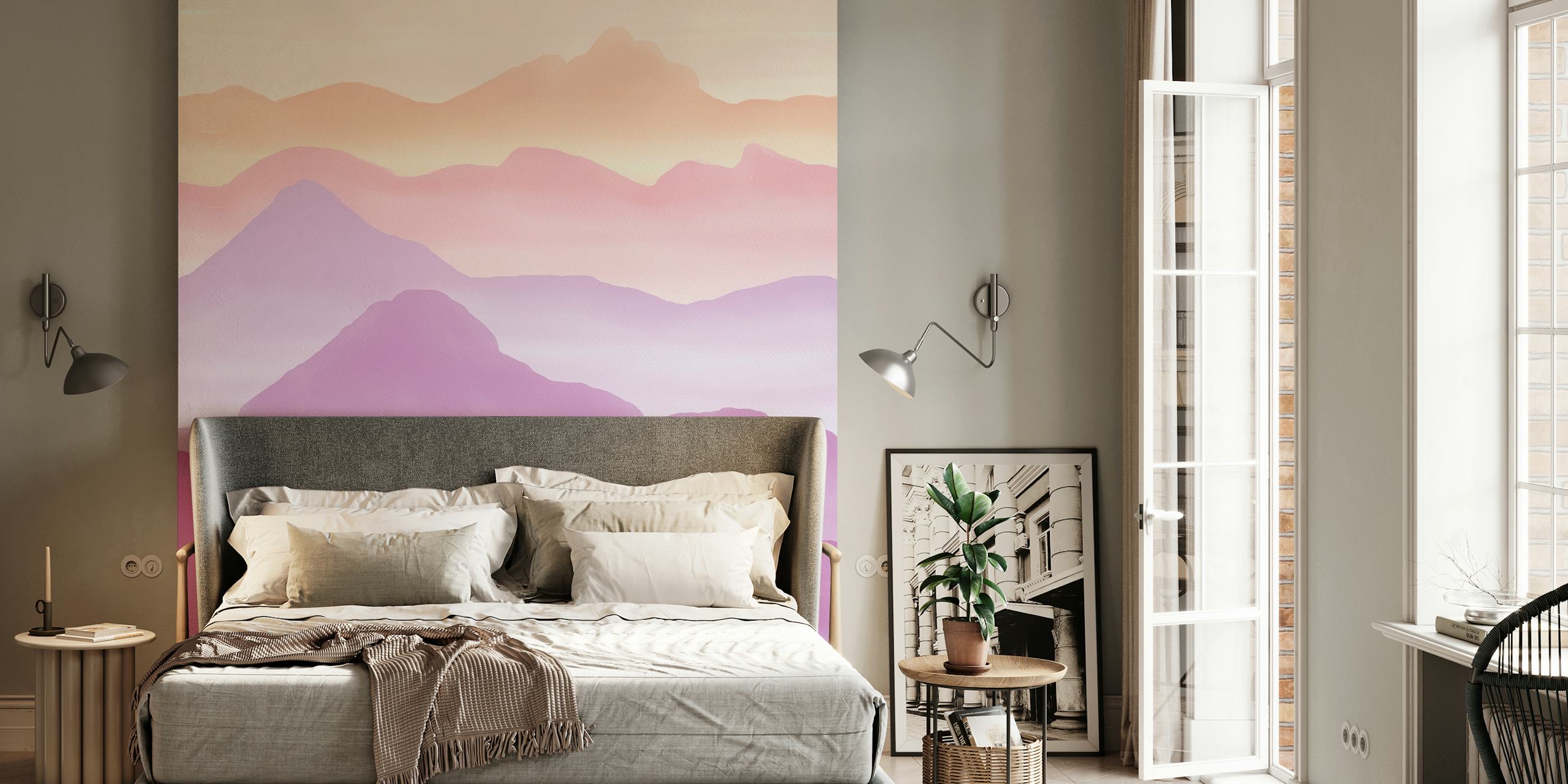 Purple watercolor mountains tapetti huoneessa