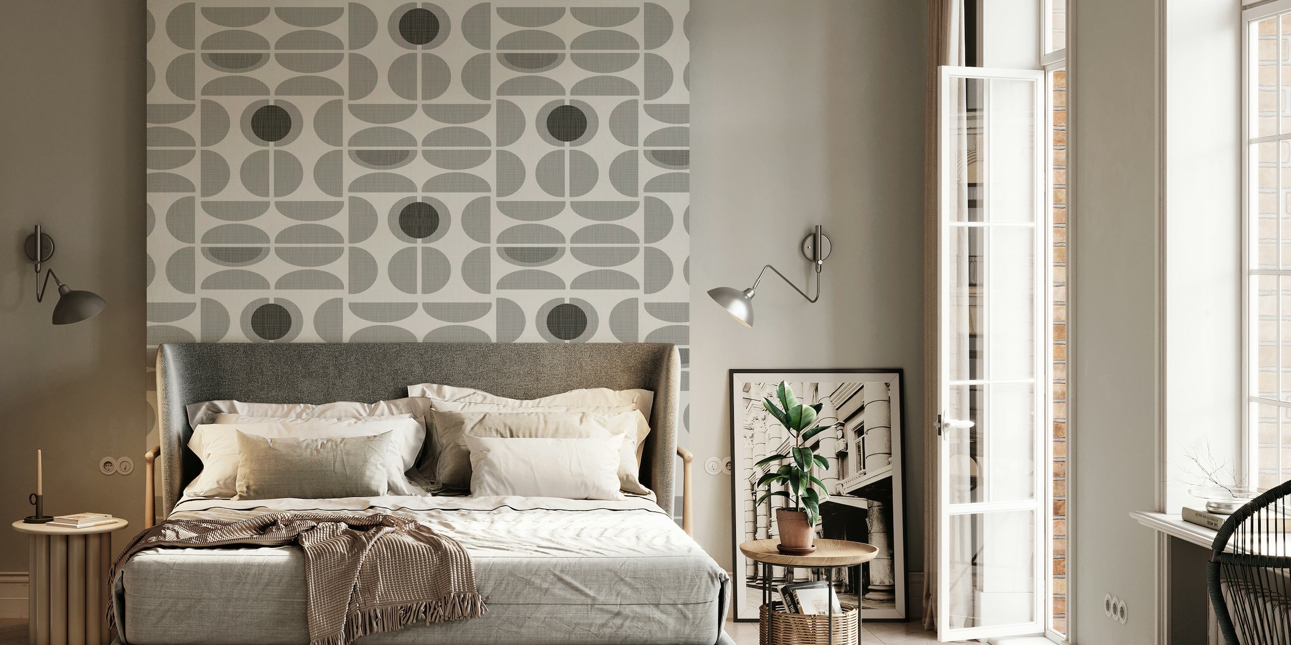 Geometrisk grå retro-vægmaleri med koncentriske cirkler og firkanter med bløde kanter