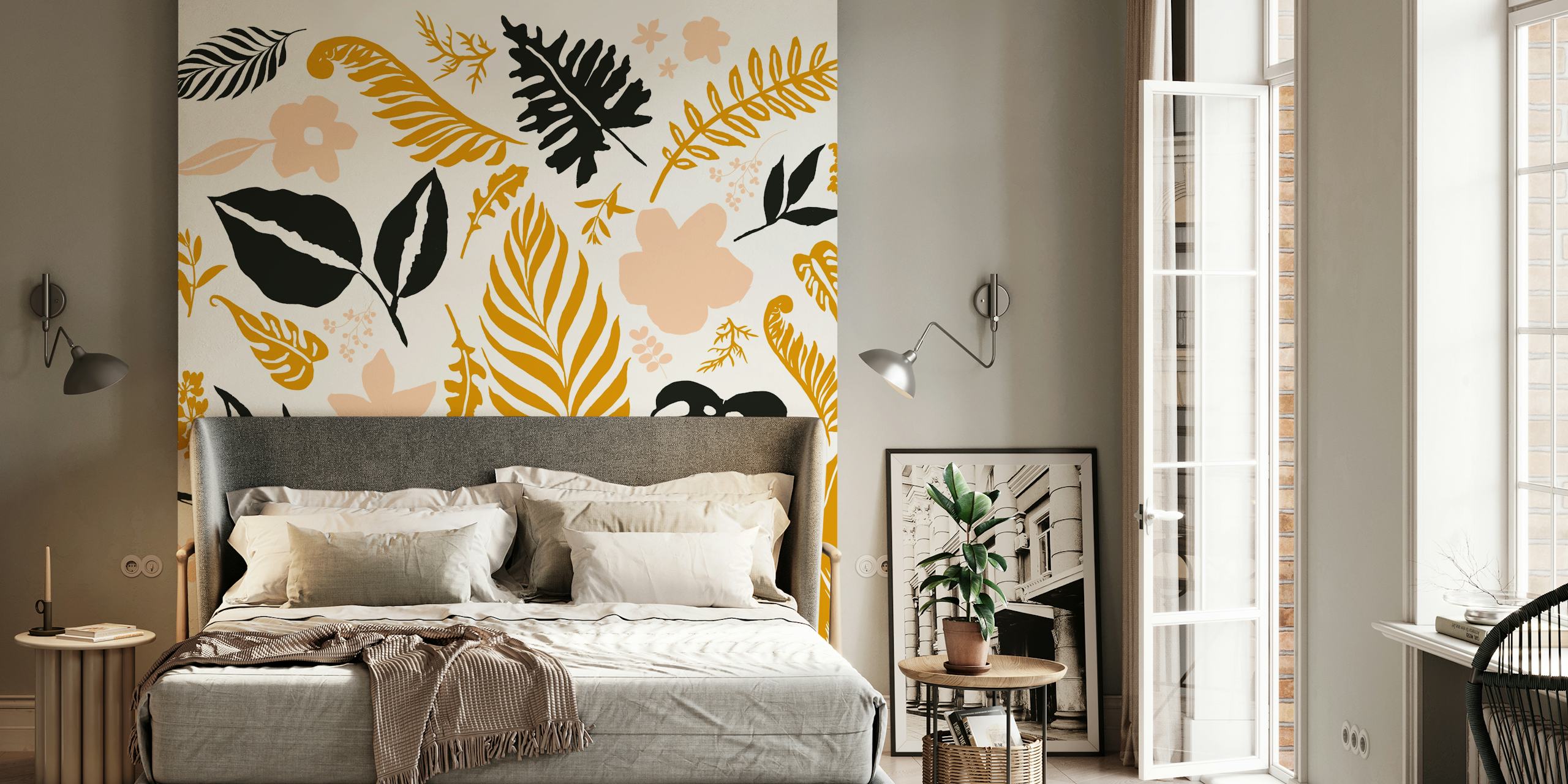 Tropical leaves and flowers in black, gold, and pastel colors wallpaper