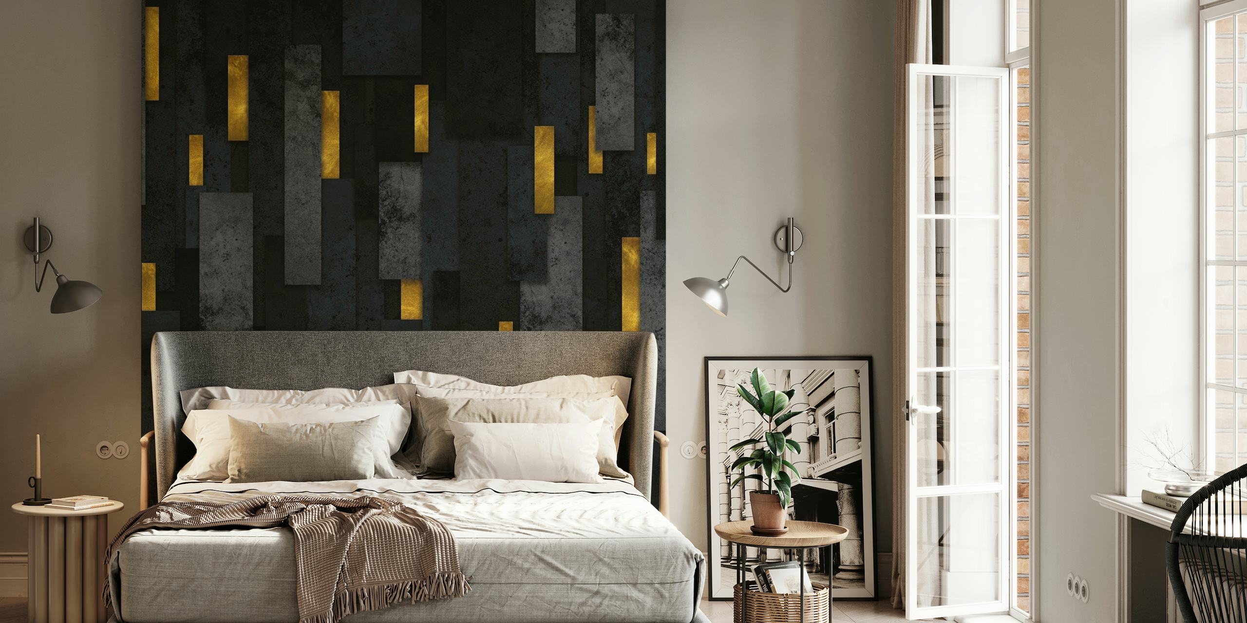 Musta ja kultainen abstrakti seinämaalaus, jossa on pystysuorat puuhiilitornit