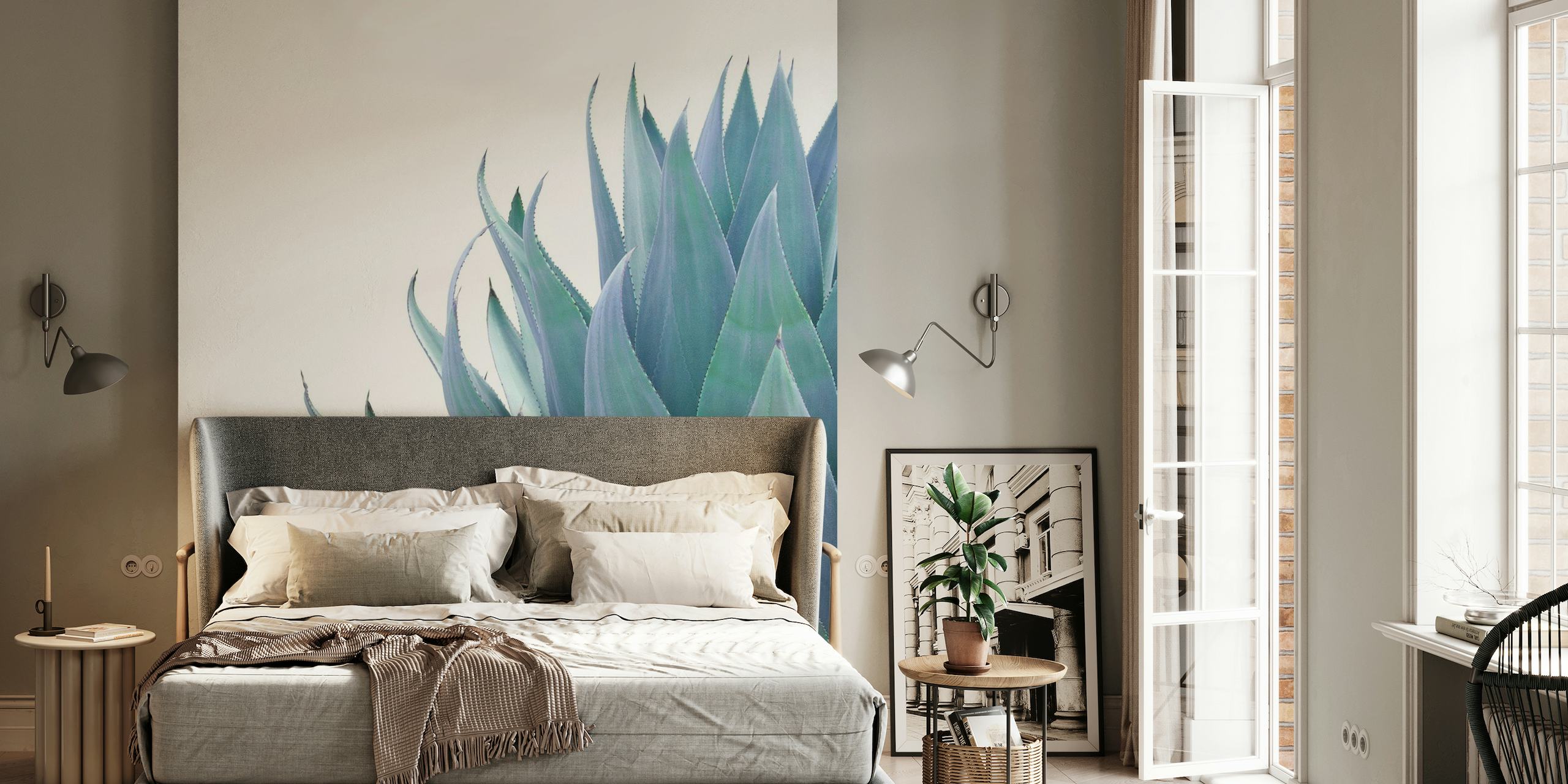Minimalistički zidni mural s biljkom agave s plavo-zelenim tonovima
