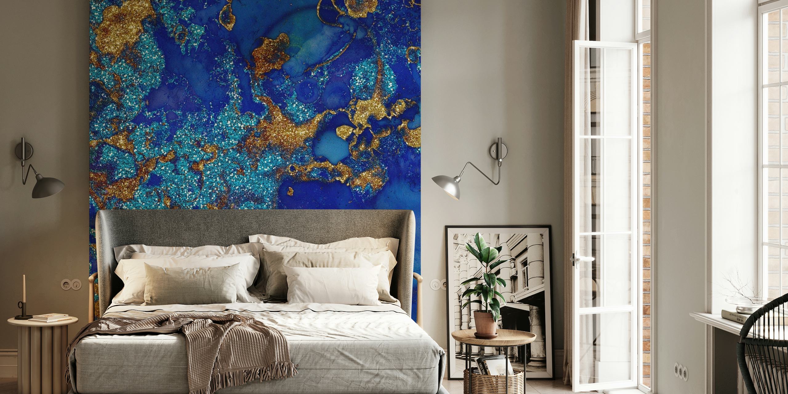 Indigo blå og guld glitter marmor mønster vægmaleri