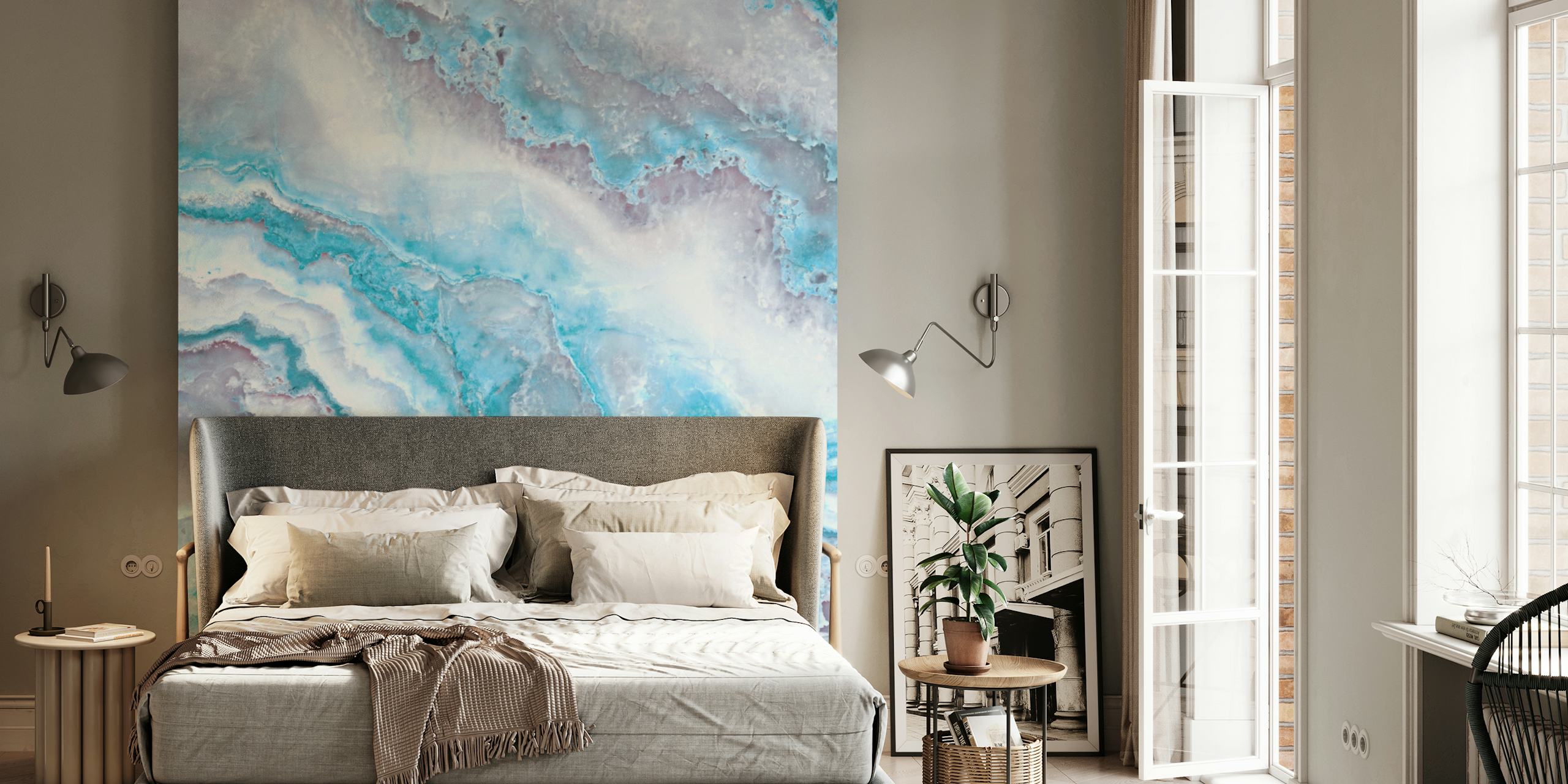 Blue Mermaid Ocean Marble seinämaalaus pyörteillä sinivalkoisilla kuvioilla