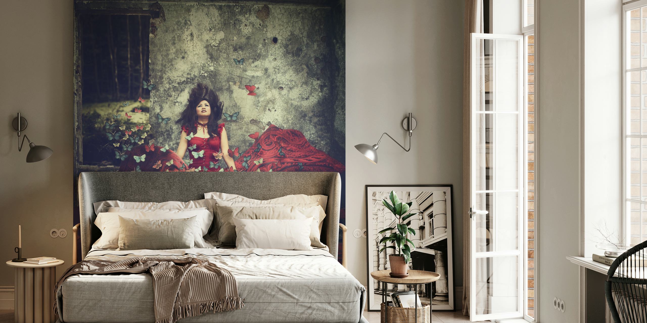 Mural de parede com uma figura de vestido vermelho rodeada de borboletas.