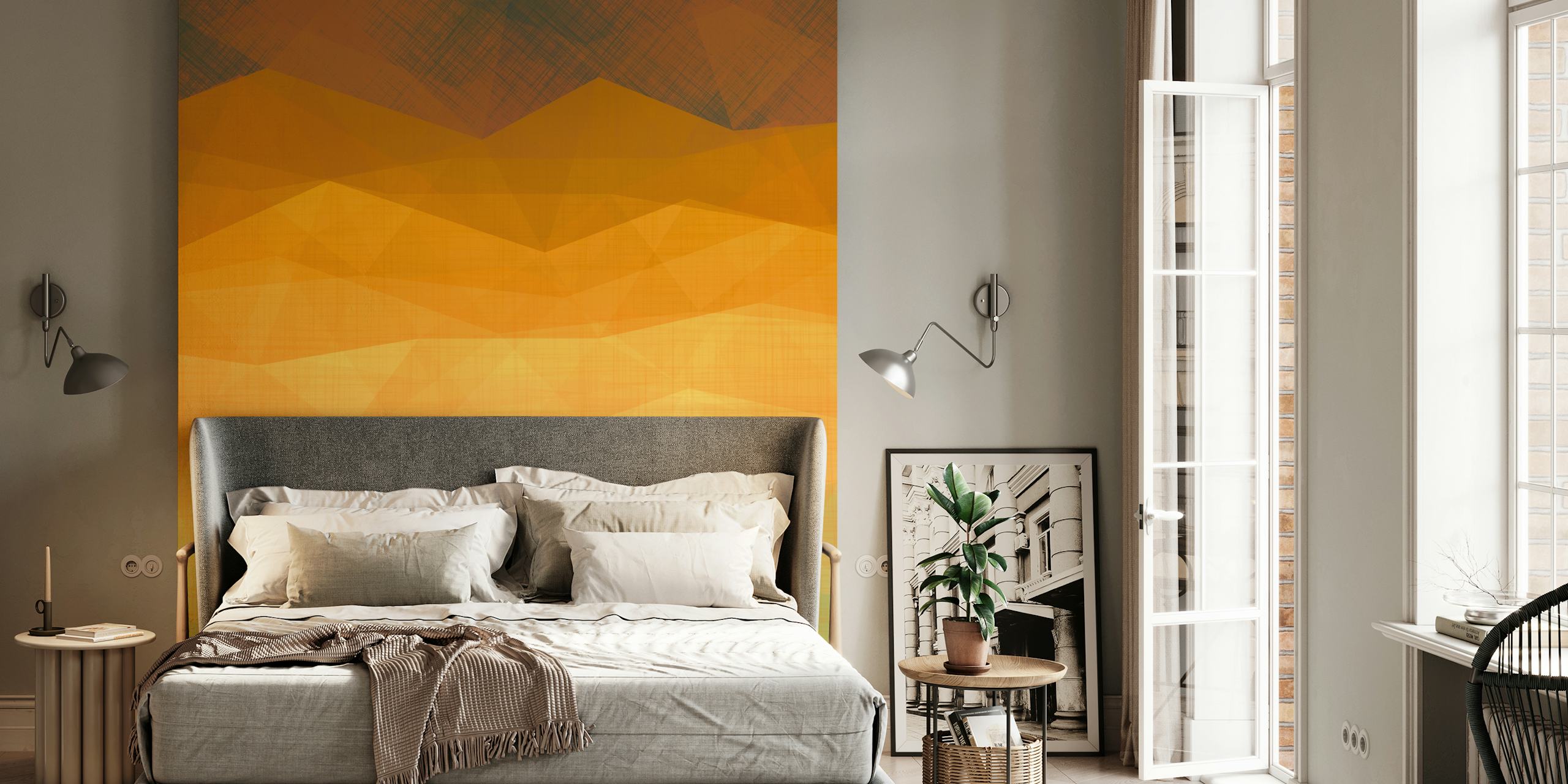 Geometric layers of orange and mint green wallpaper