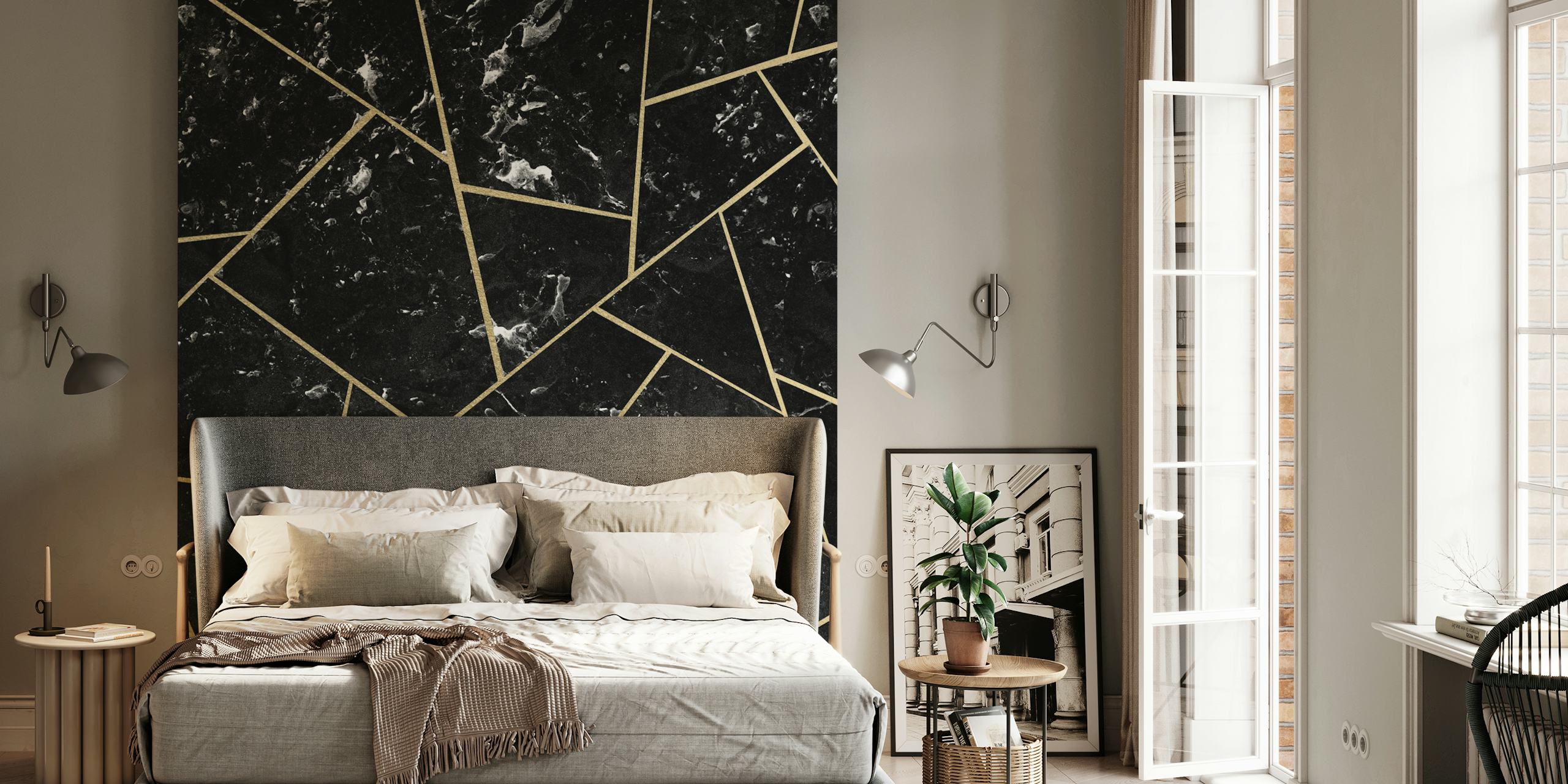 Geometric pattern in black marble with gold lines wallpaper