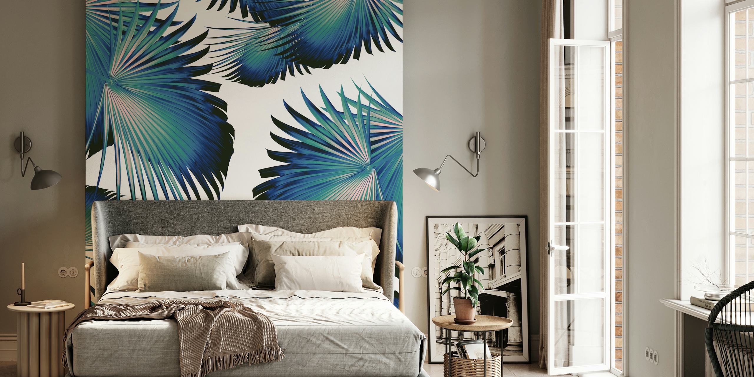Tropical palm leaves in blue and green colors on white background wallpaper
