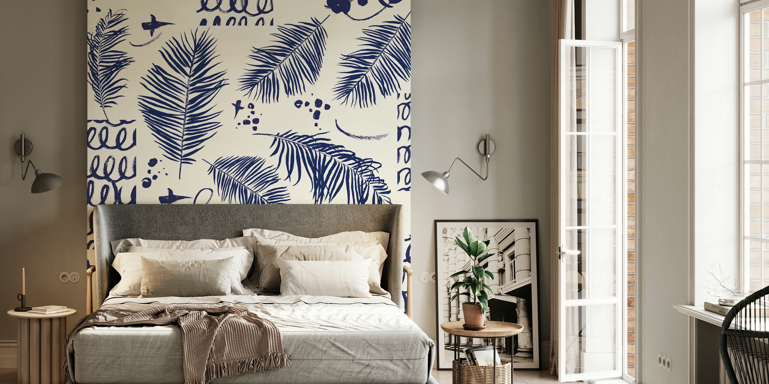 Blue leaf pattern on neutral background wallpaper