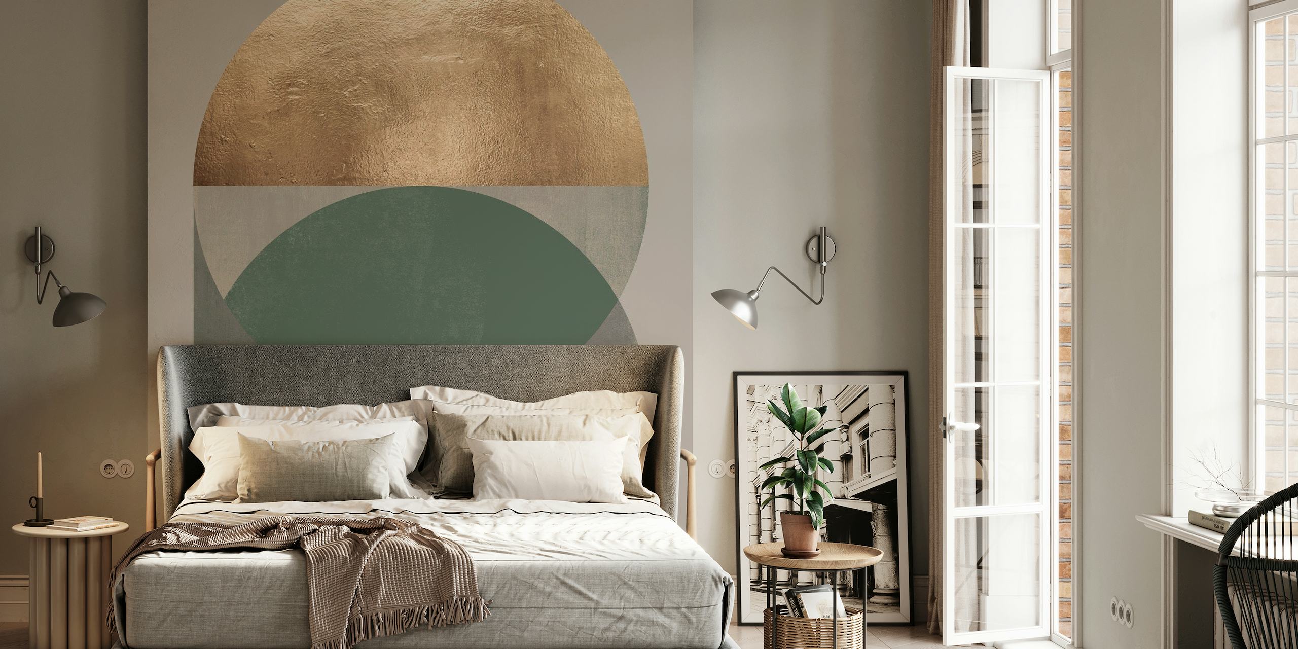 Contemporary Nardo Gray VIII geometric wall mural with gold and green accents