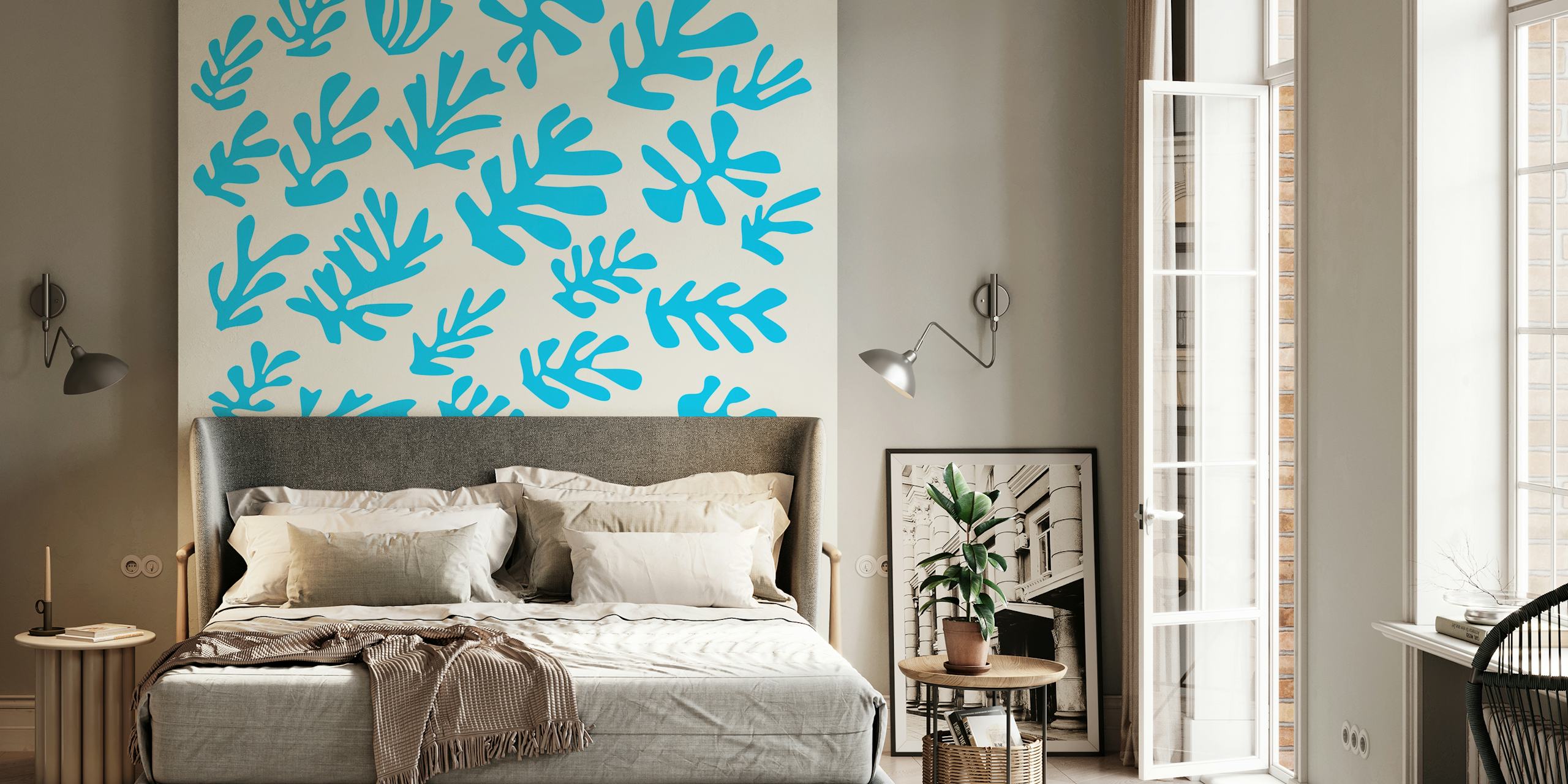 Aquablauwe bladpatronen in een op Matisse geïnspireerde designmuurschildering
