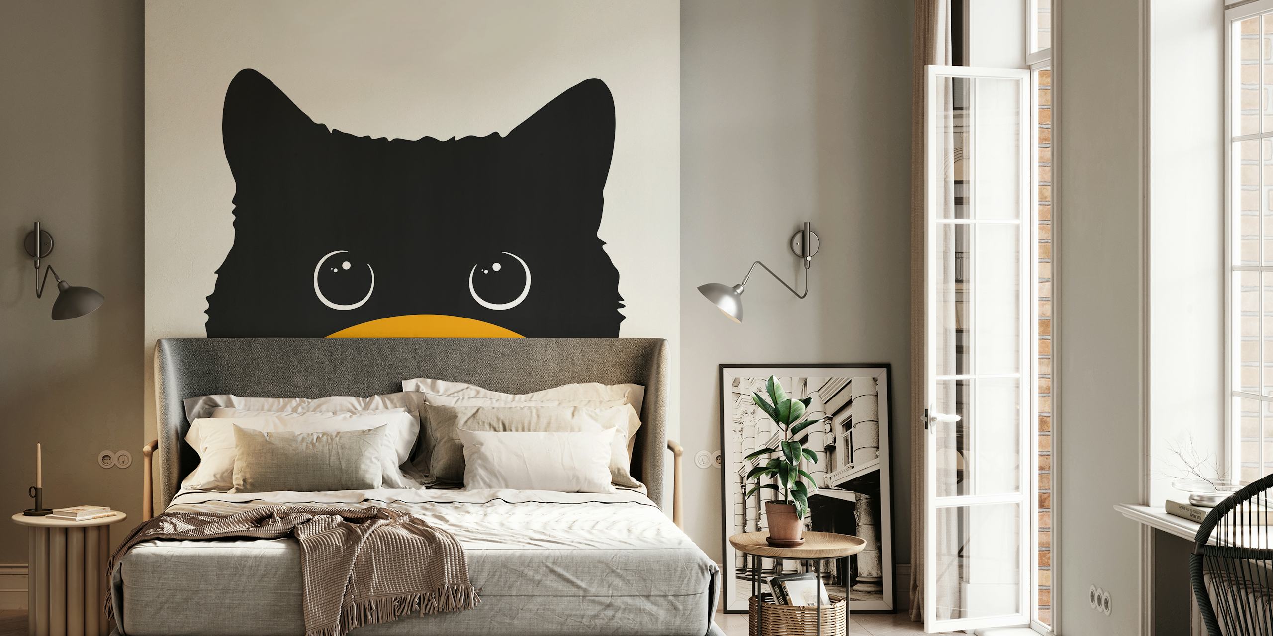 Black cat with large orange belly and cartoon eyes wallpaper