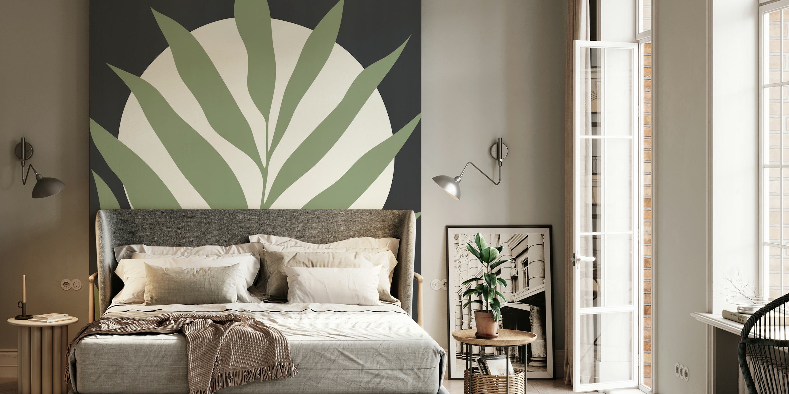 Green leaf design on black background wall mural