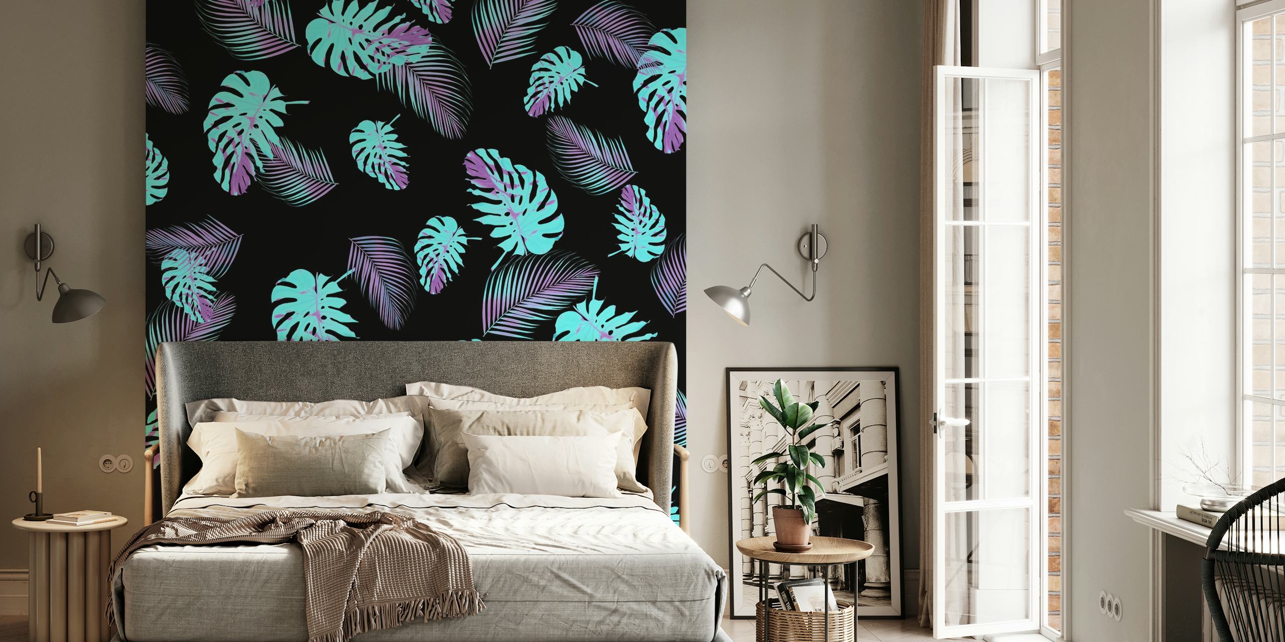 Papier peint mural sticker de feuilles de monstera turquoise sur fond noir