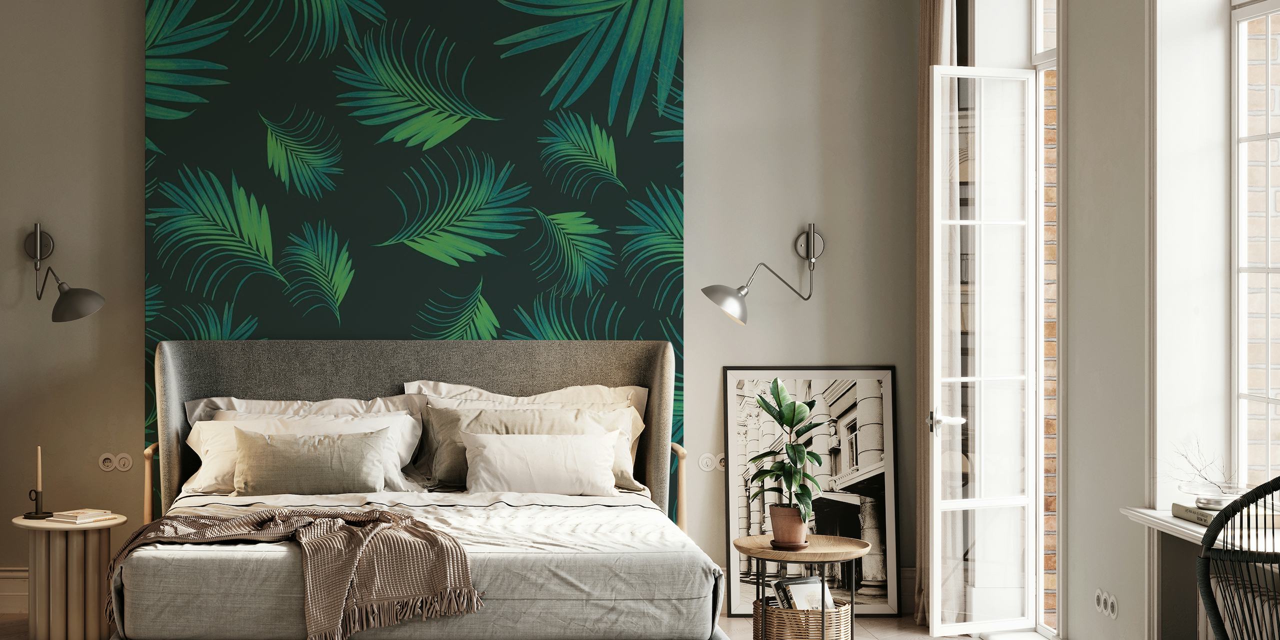 Tropical Night Palms Pattern Väggdekor med grönskande blad på en mörk bakgrund
