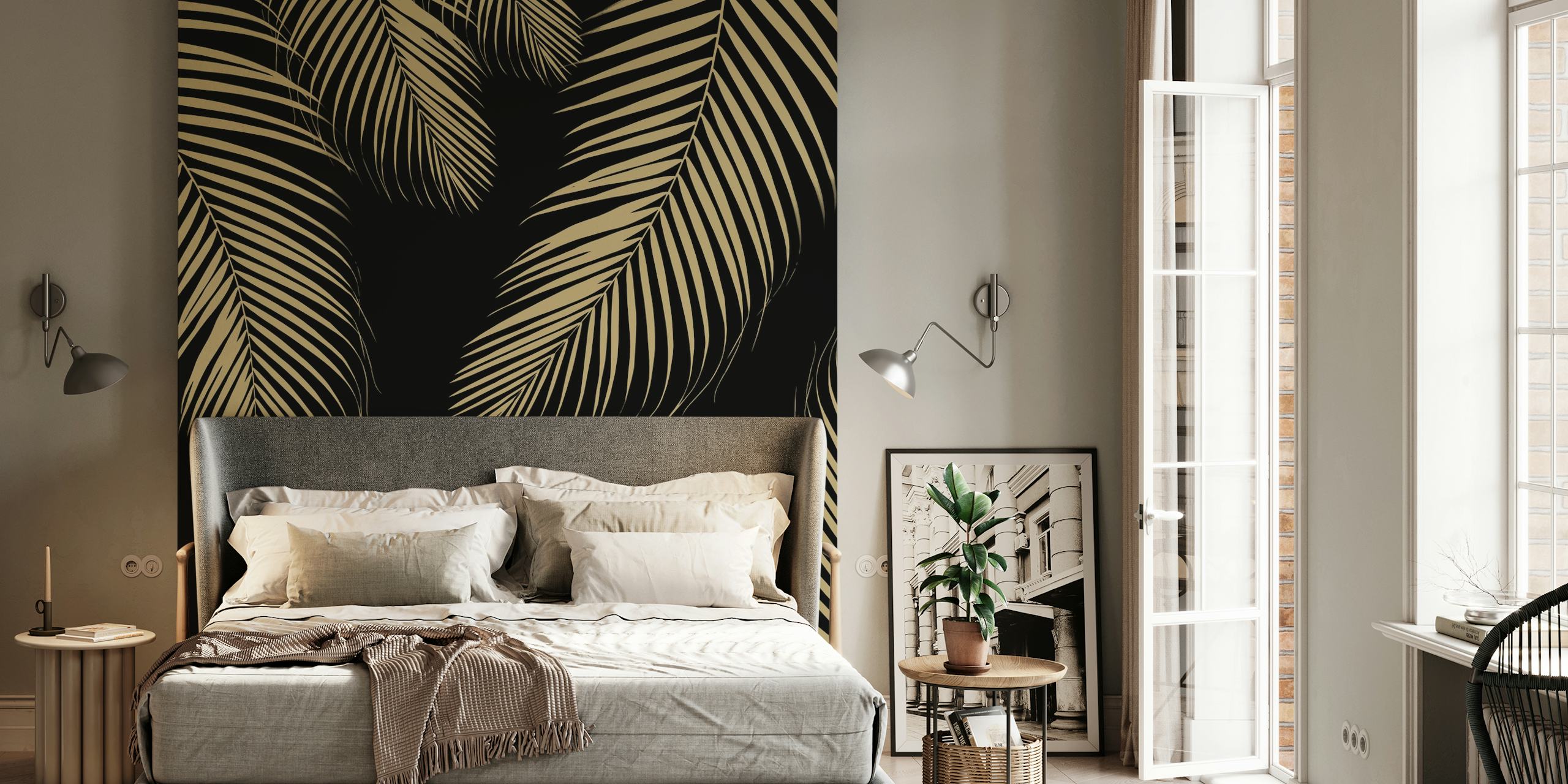 Gold palm leaves wallpaper design