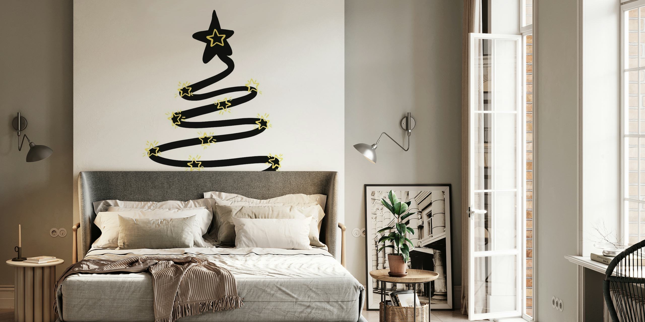Minimalistická abstraktní nástěnná malba vánoční stromek se zlatými akcenty a hvězdicovým topperem