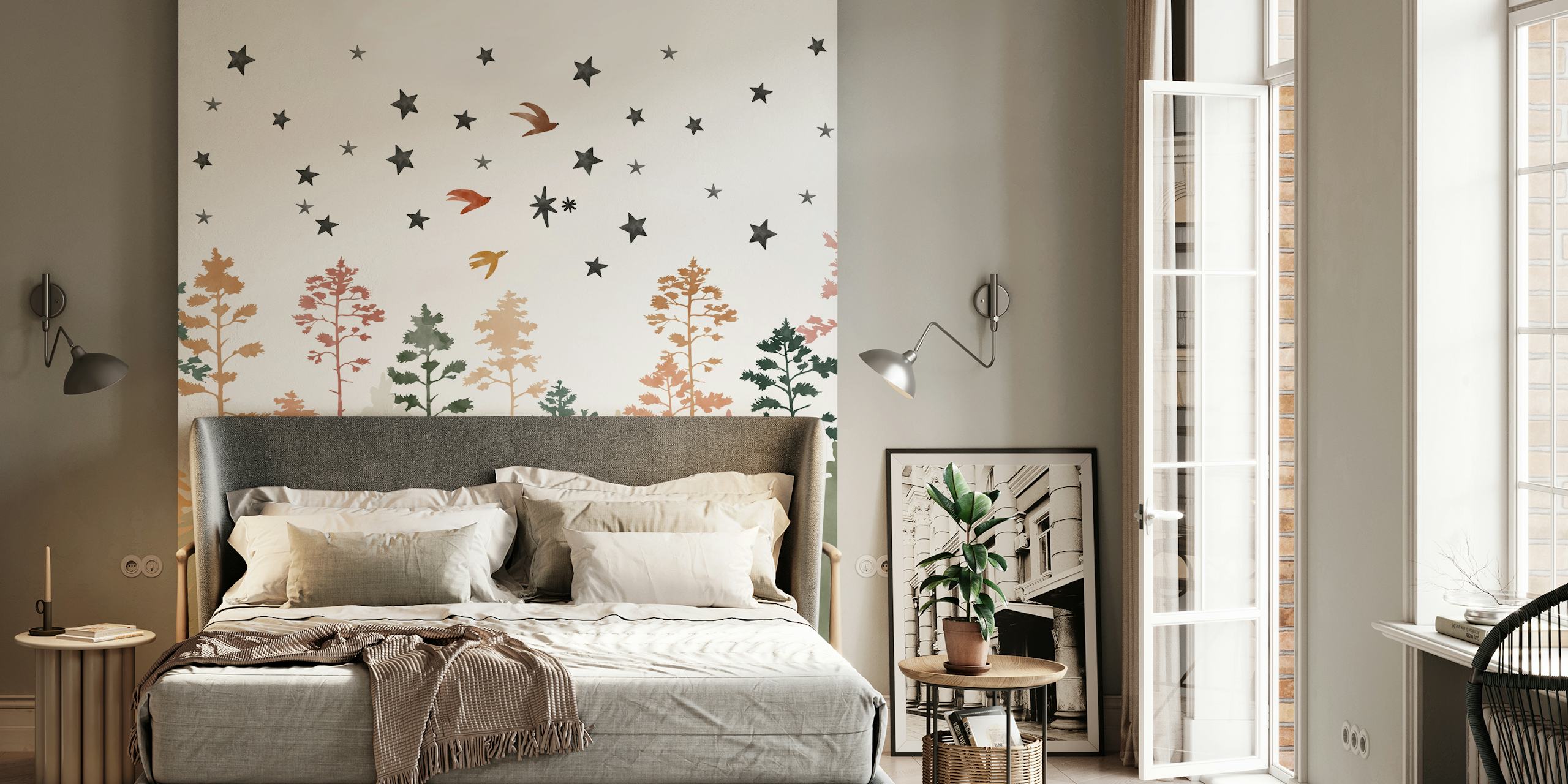 Watercolor trees with birds and stars on white wallpaper