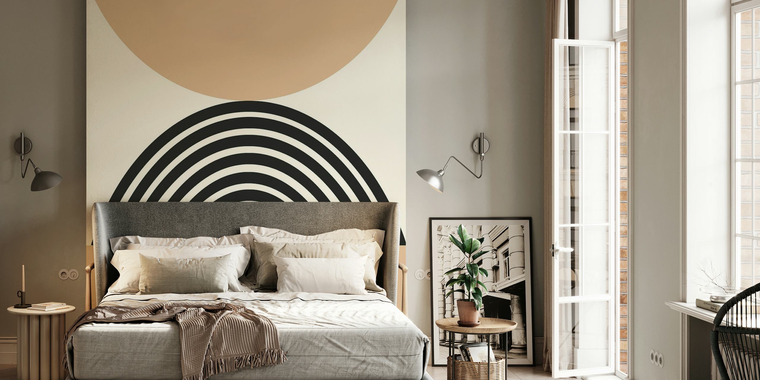 Design murale minimalista con arco solare beige e nero