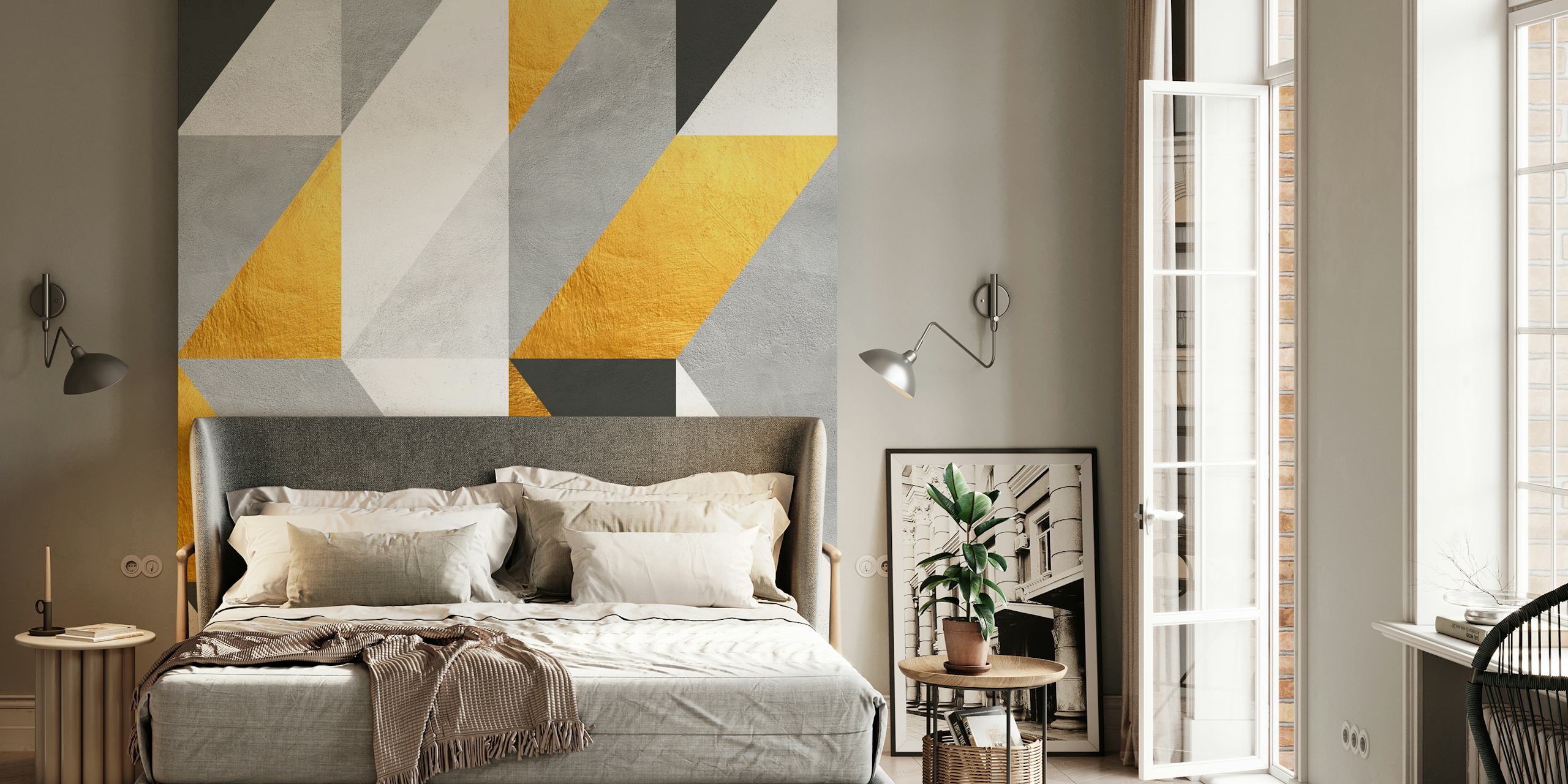 Geometric gold and gray triangle pattern wallpaper
