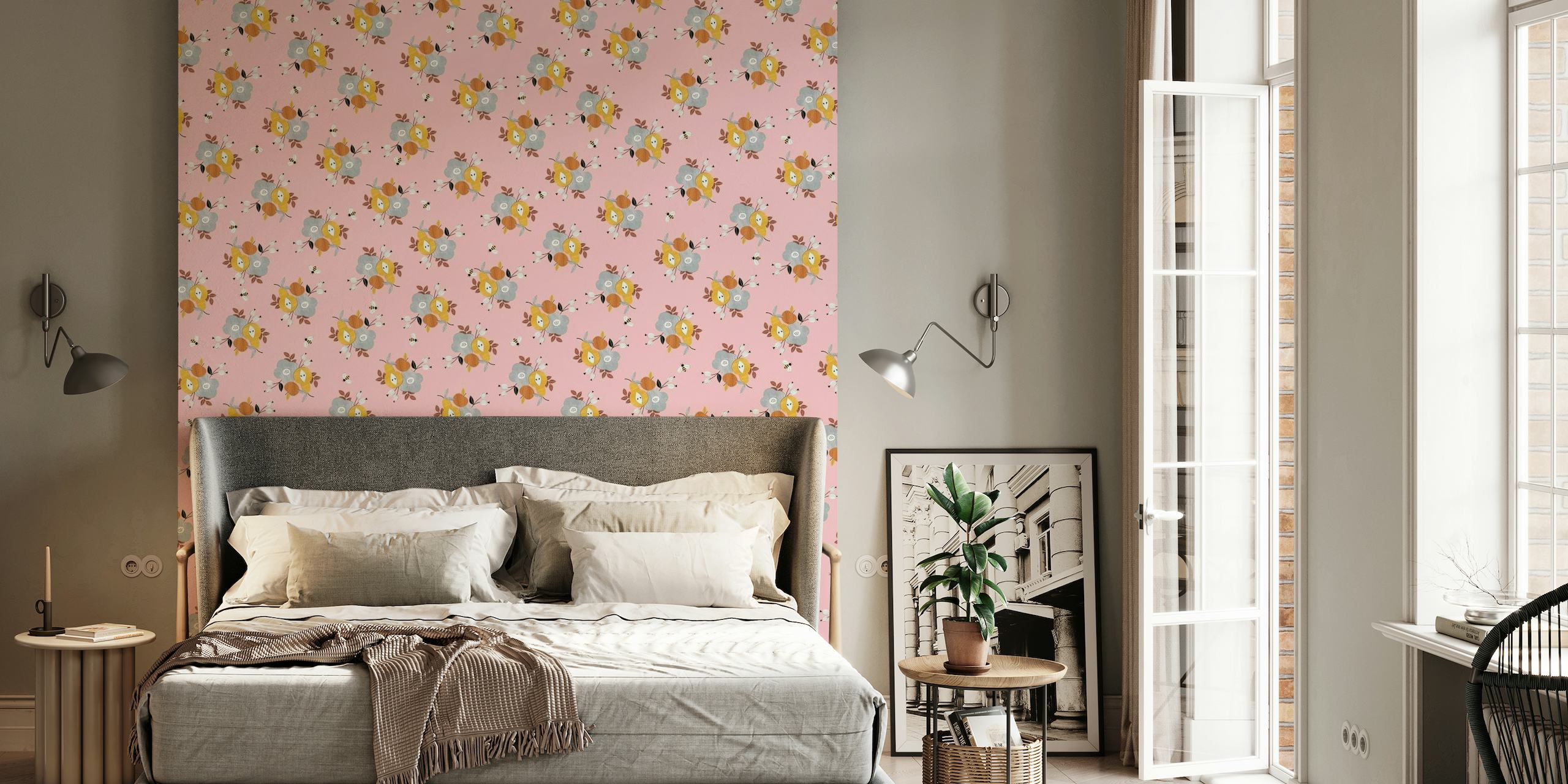 Pastel pink wall mural with a summer sun pattern for interior decor