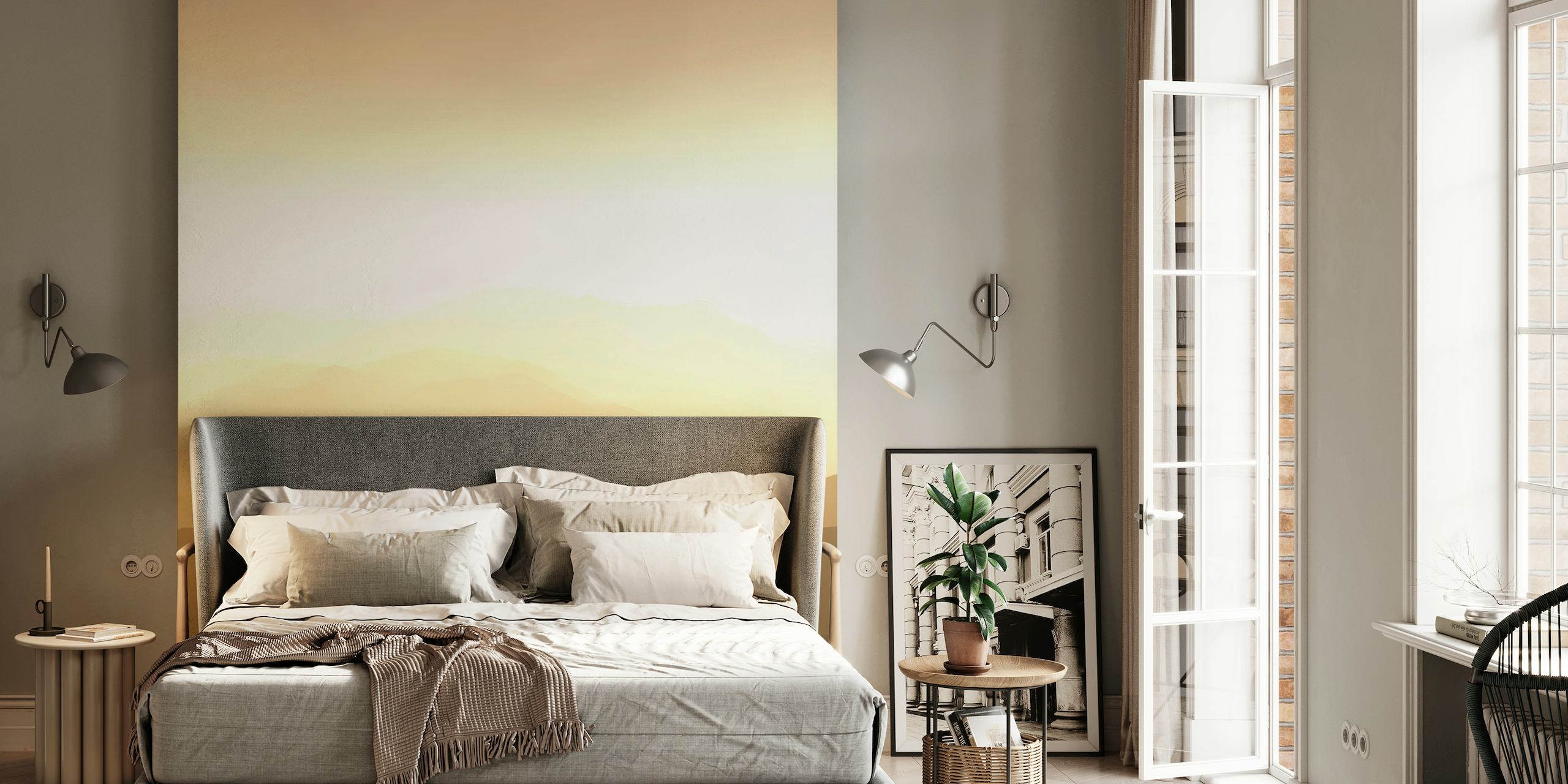 Mural de pared Serene Dawn II que representa un suave amanecer sobre colinas con un relajante gradiente de colores cálidos.