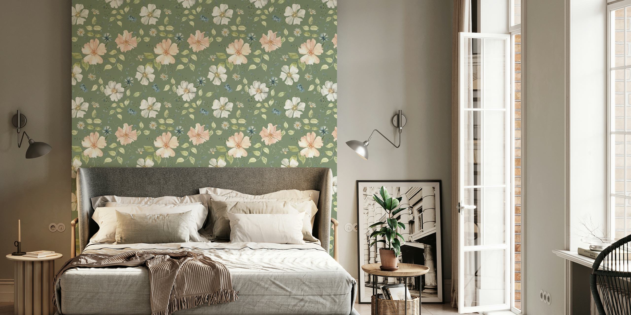 Idyllinen ja kukkavihreä seinämaalaus, jossa herkät kukat rauhoittavalla vihreällä taustalla