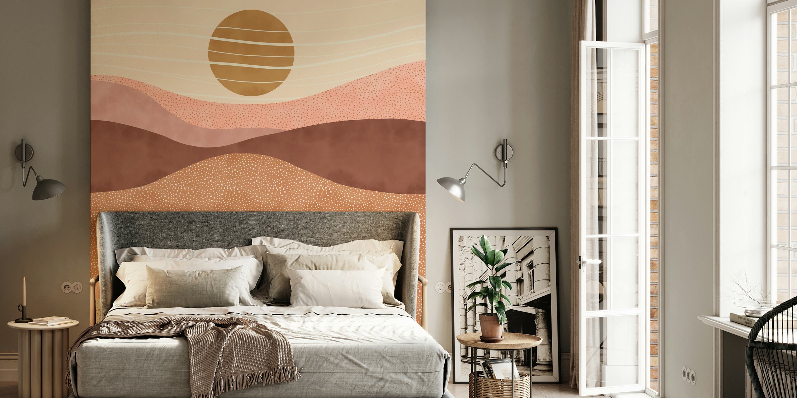 Abstract sunset landscape wallpaper with warm shades of pink, brown, and cream