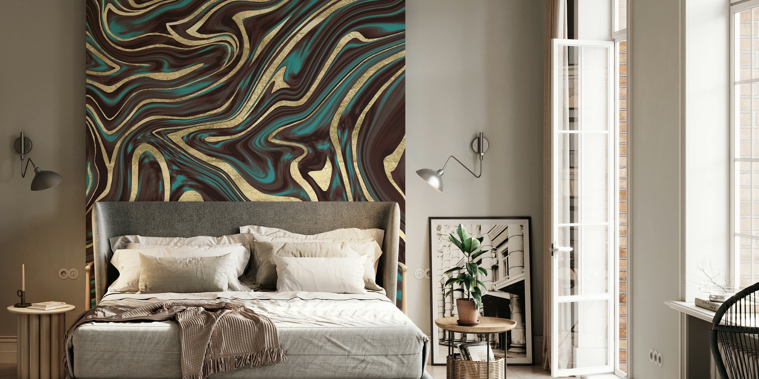 Turquoise brown gold marble wallpaper in a room