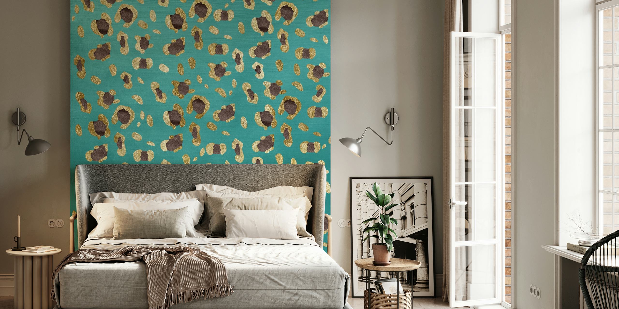 Teal and leopard print wall mural named Leopard Animal Print Glam 28