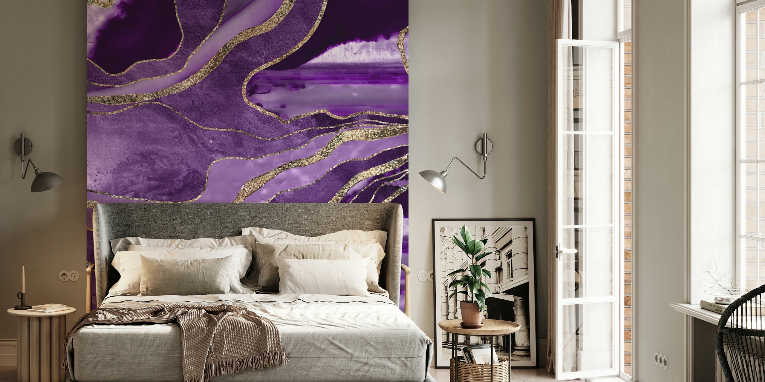 Purple swirling marble with gold accents wallpaper