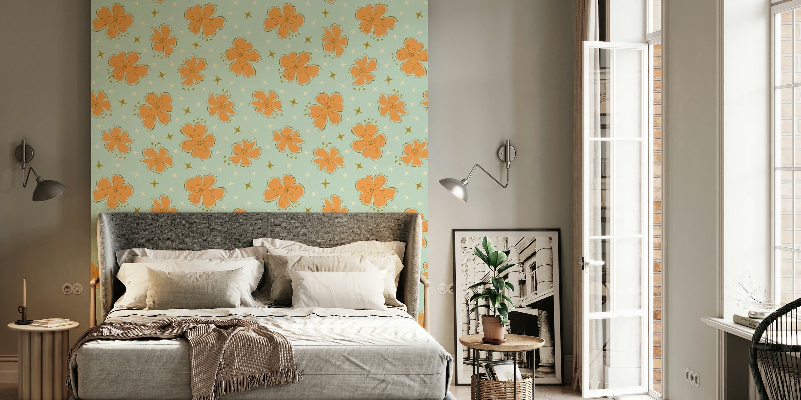 Orange flowers on a teal background wall mural design