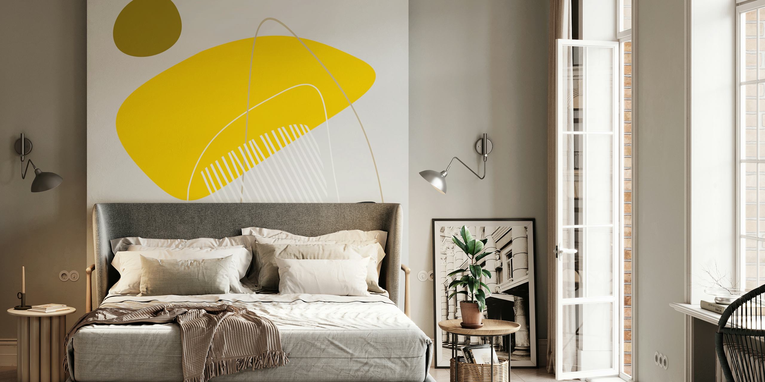Modern abstract wall mural in yellow, black, and gray with geometric shapes and lines.