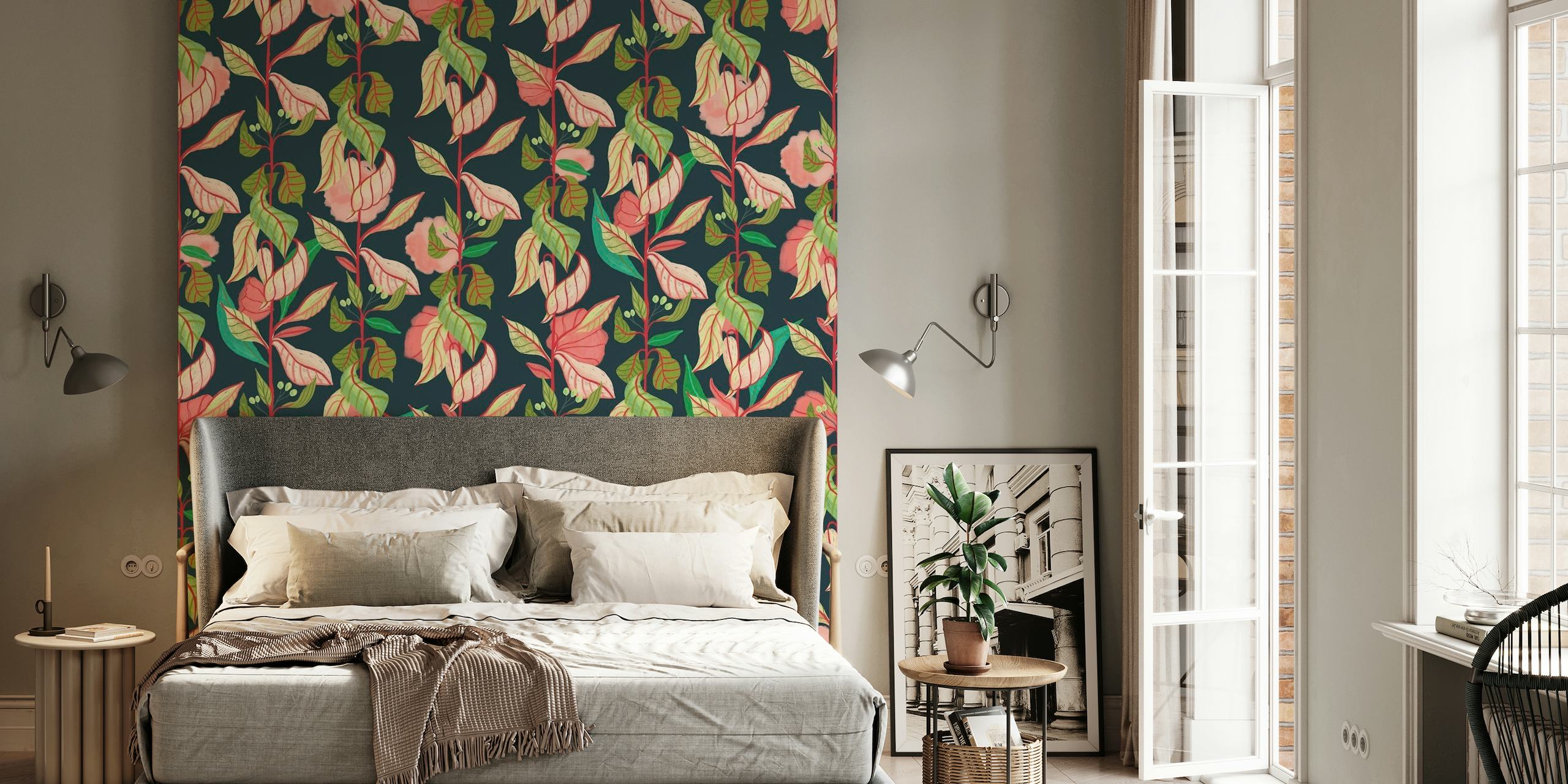 Floral river walk themed wall mural with pink and green tones