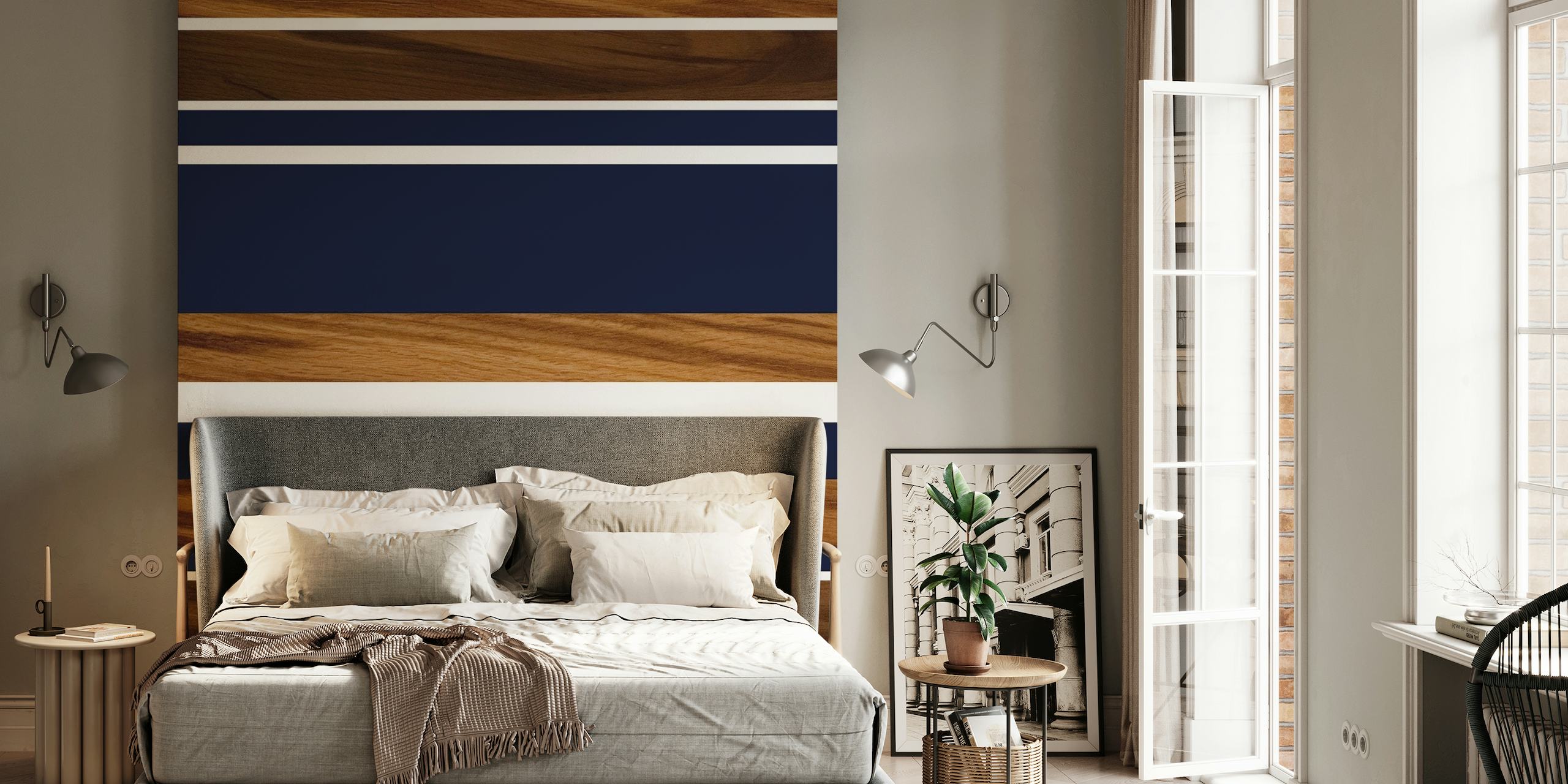 Wood Navy Blue White Stripes 1 behang