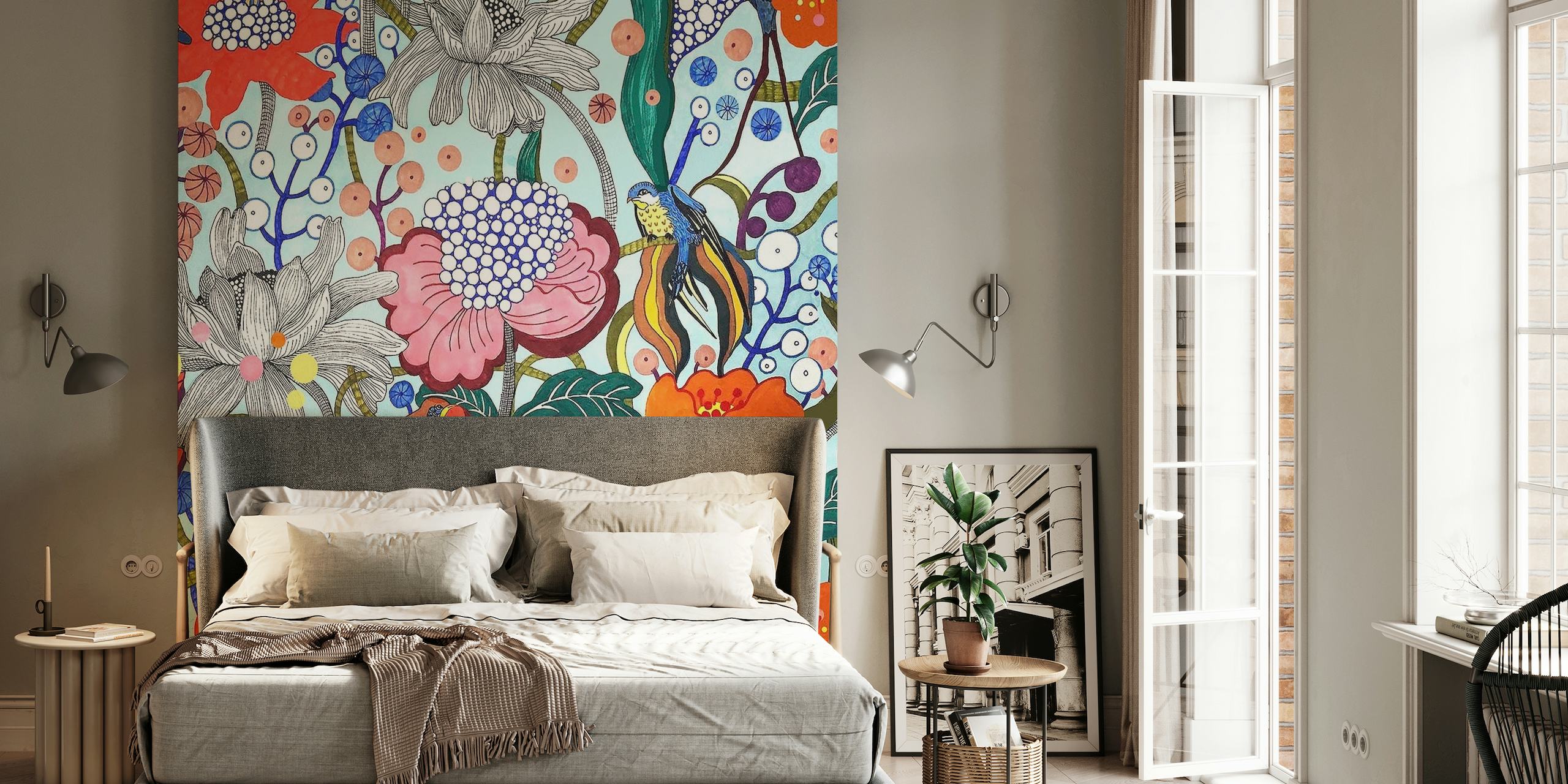 Colorful 'Birds of Paradise 2' wall mural with exotic birds and floral patterns