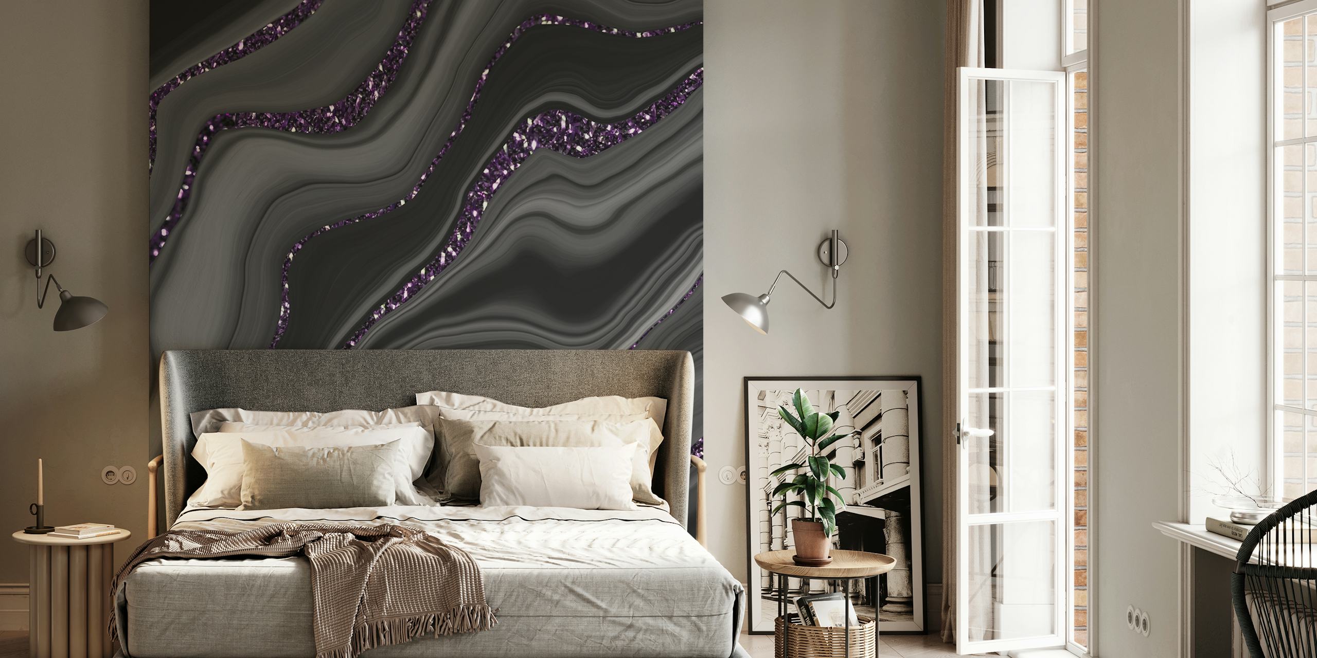Flowing black and gray waves with glitter accents wallpaper