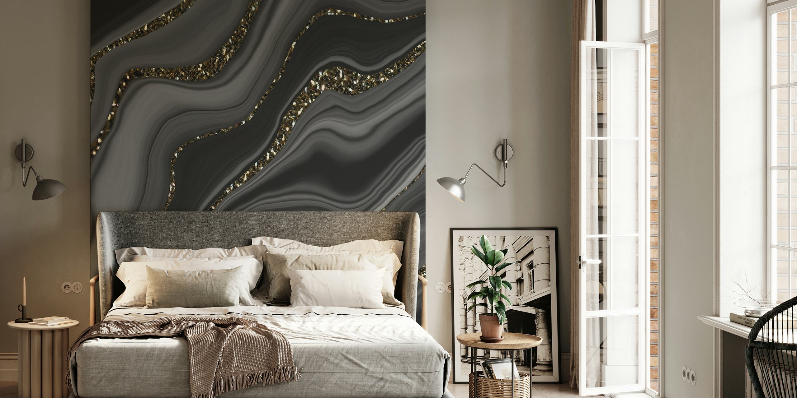 Black and gray agate pattern with gold accents wallpaper