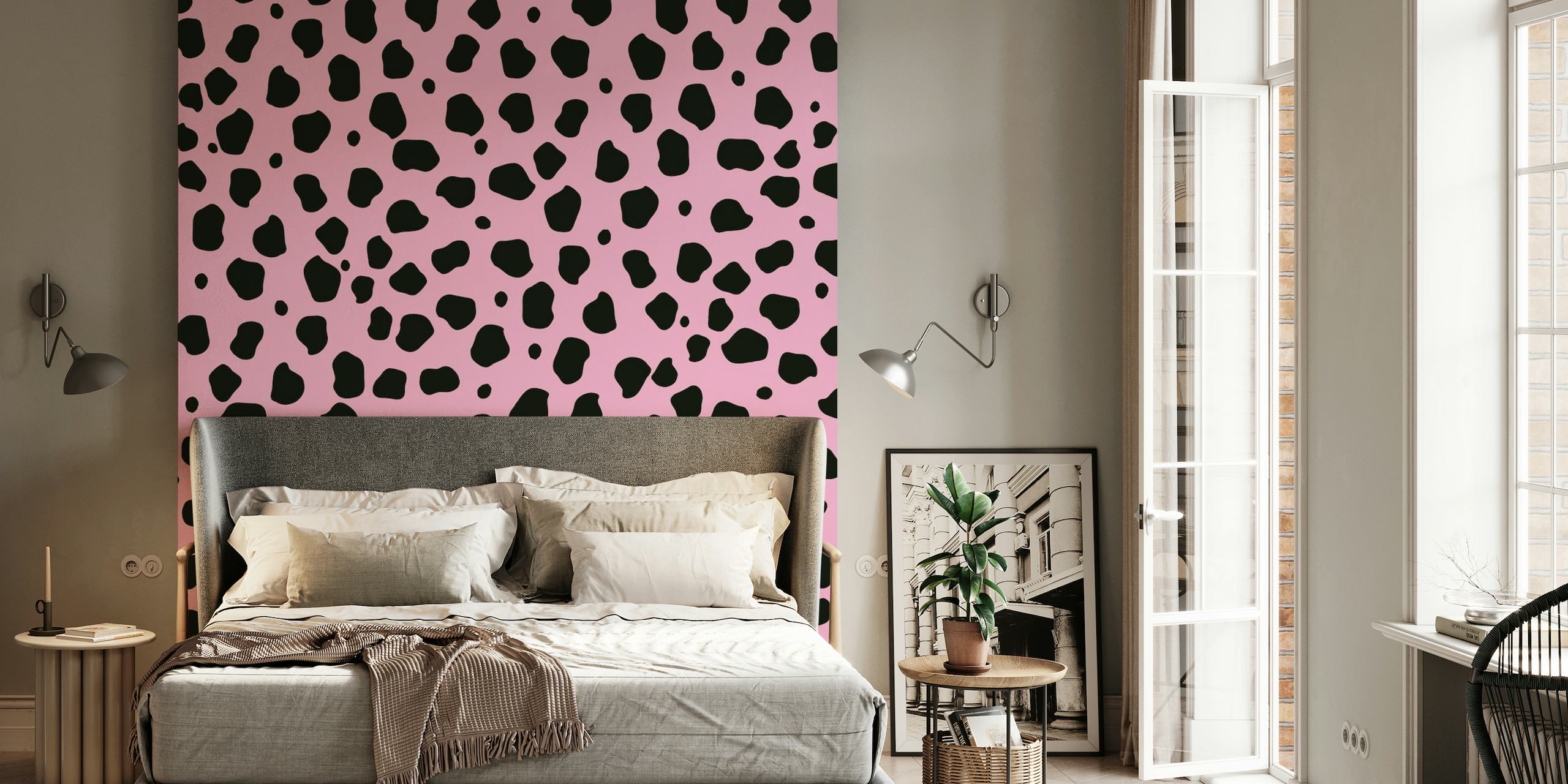 Black cheetah spots on a pink background wall mural