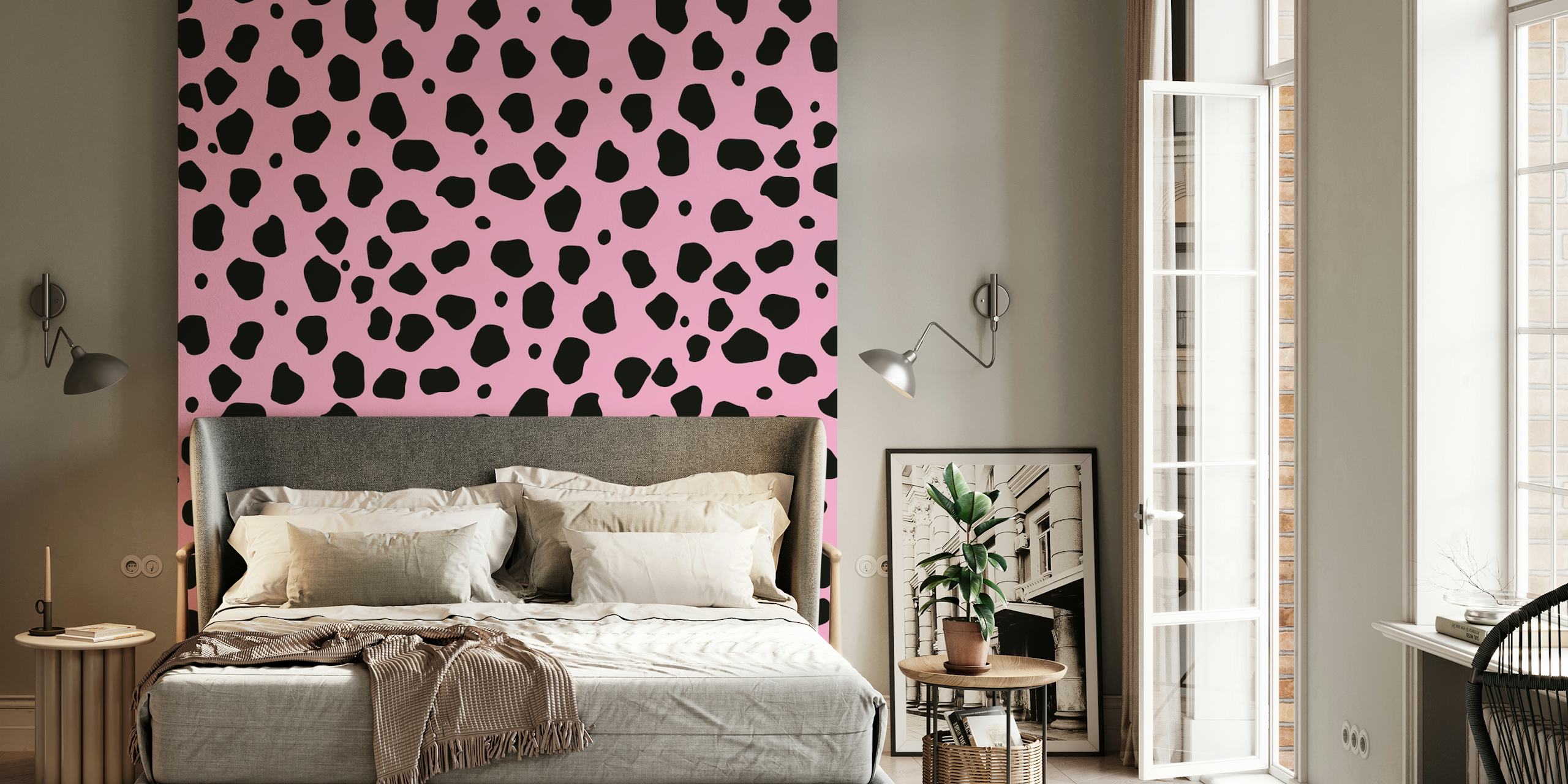 Cheetah animal print in black spots on pink background wallpaper