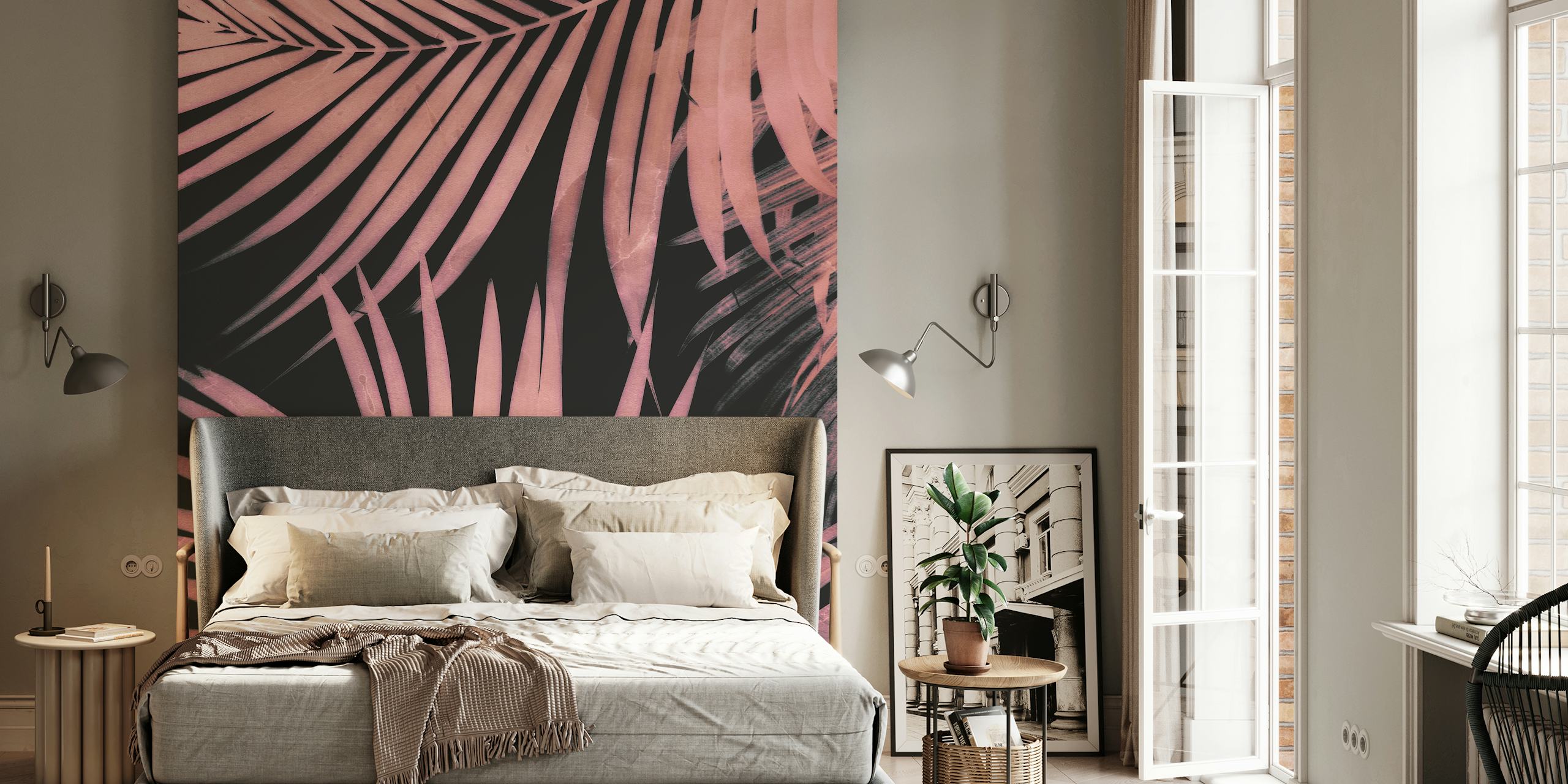 Pink tropical palm leaves on a black background wallpaper