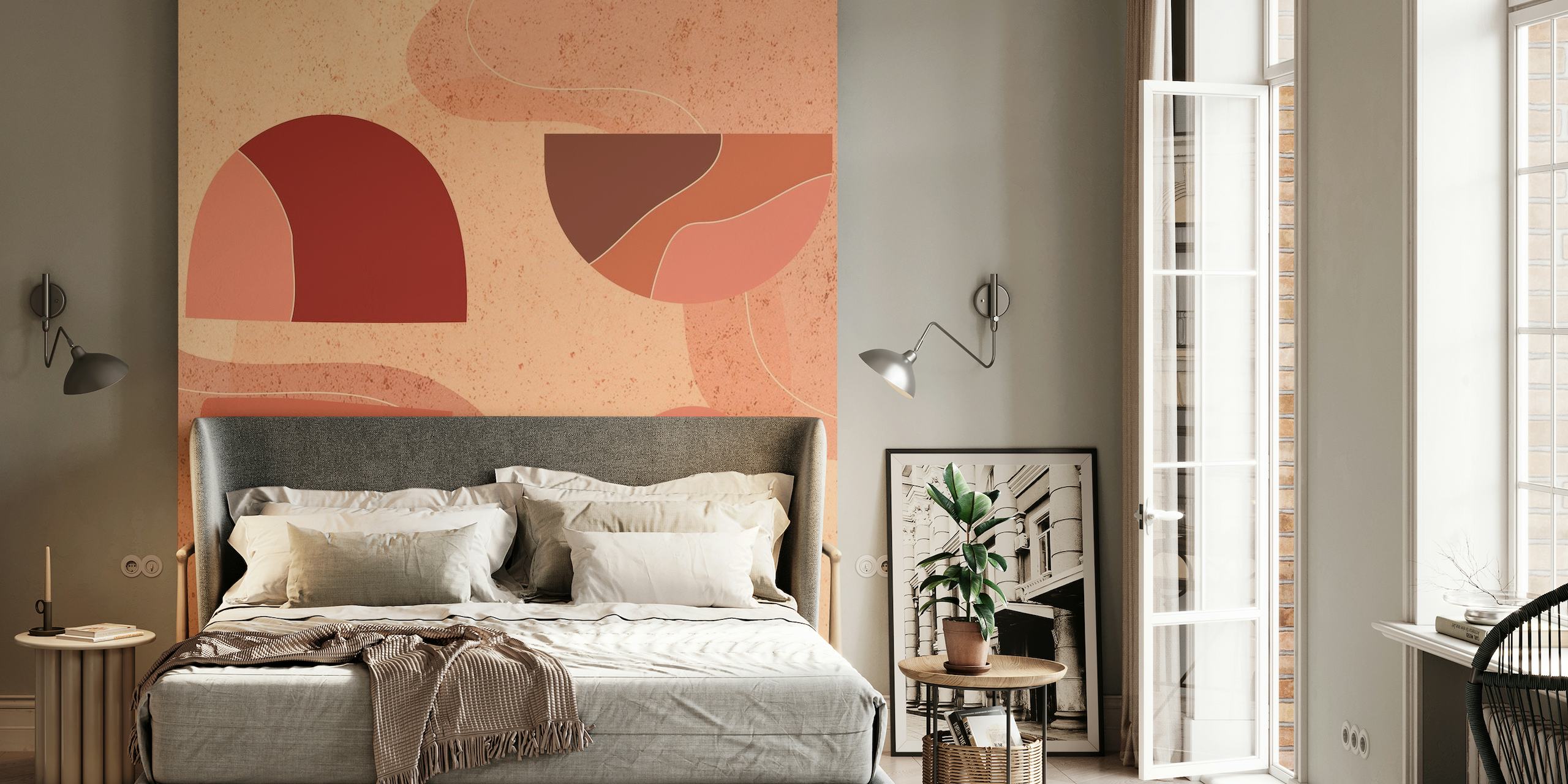 Abstraktní nástěnná malba s terakotovými, béžovými a hnědými tvary na teplém pozadí