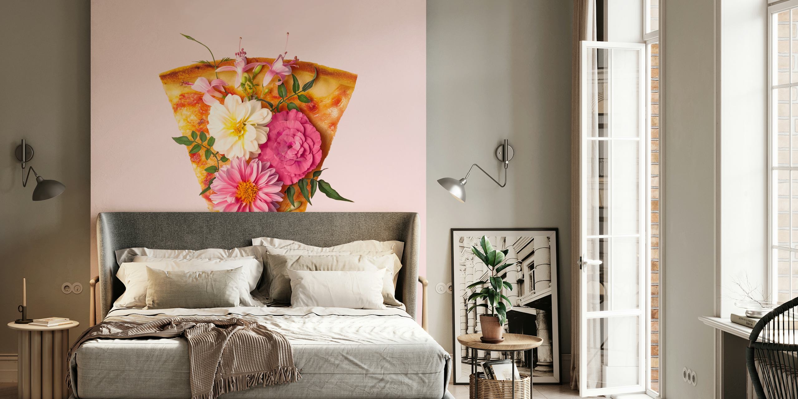 Pizza slice topped with colorful flowers on pink background wallpaper