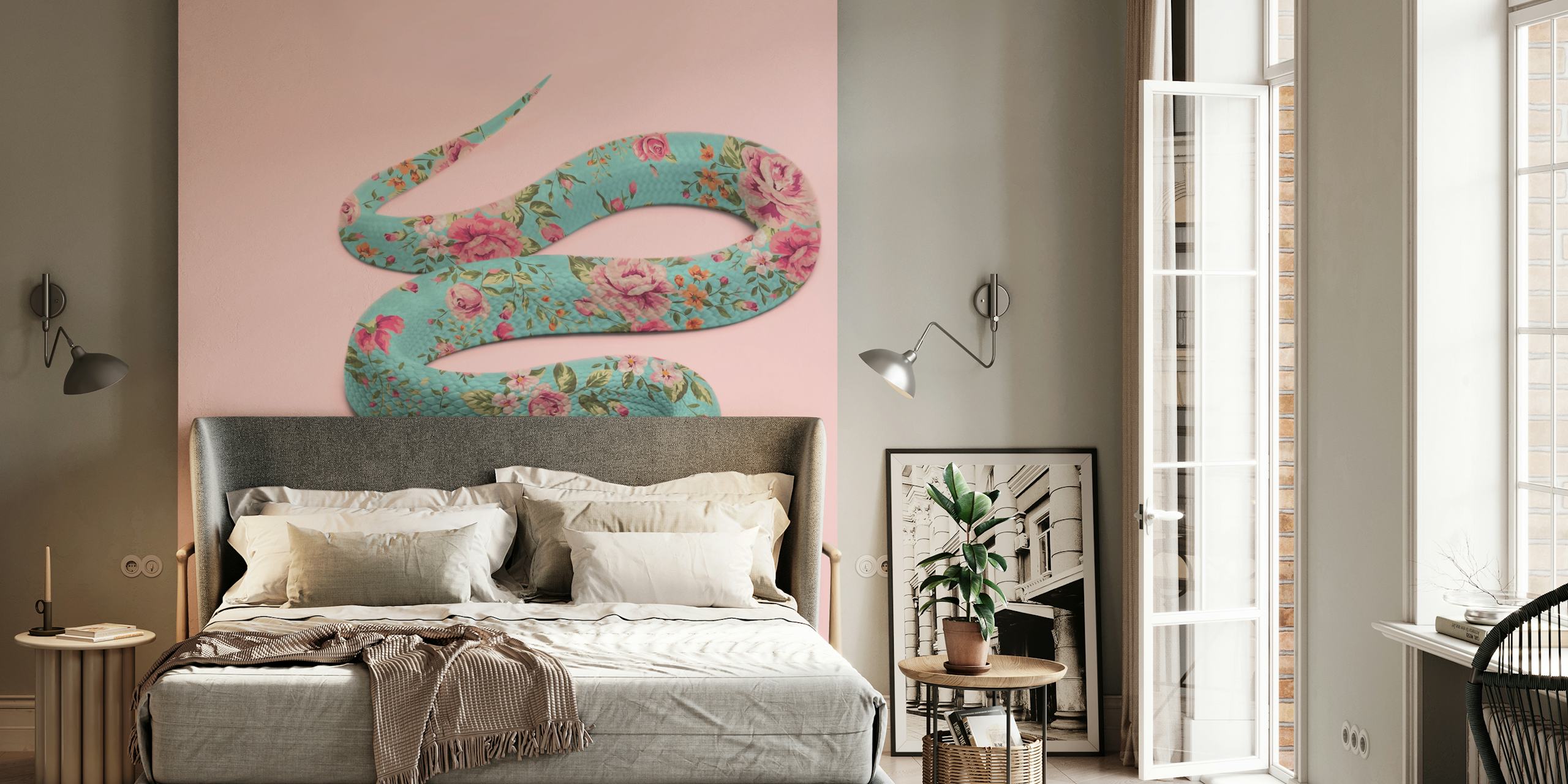 Floral snake wallpaper with blue snake design and rose patterns
